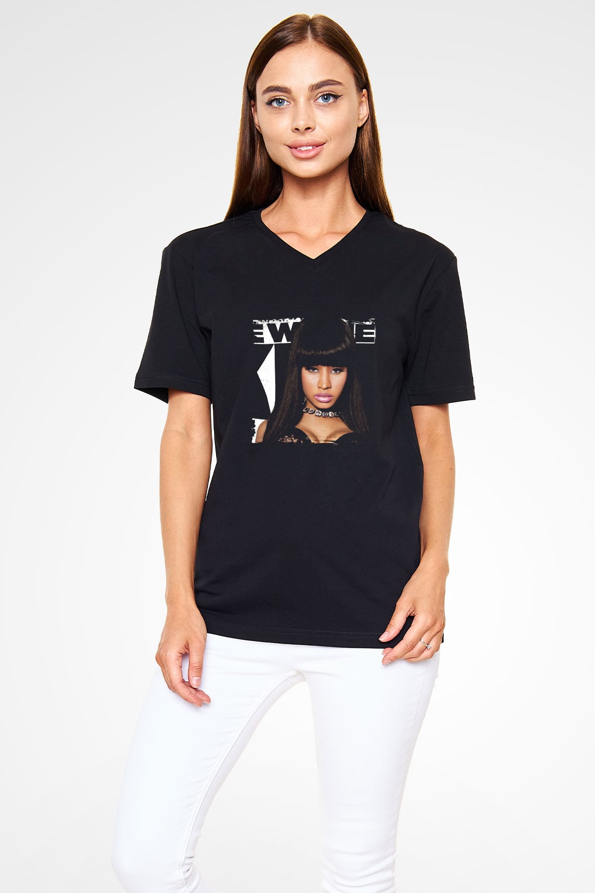 Nicki Minaj Baskılı Unisex Siyah V Yaka Tişört