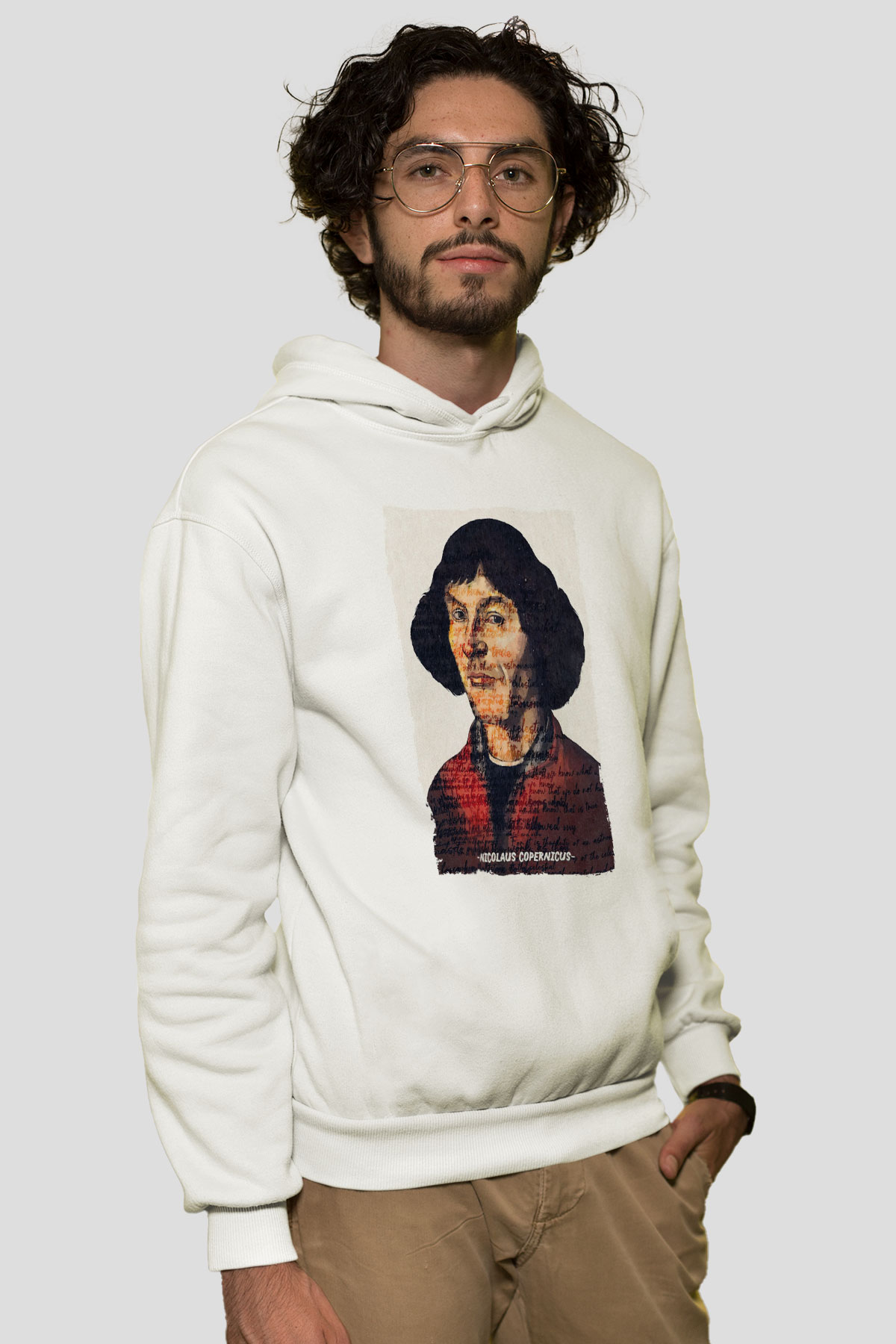 Nicolaus Copernicus Baskılı Unisex Ekru Hoodie