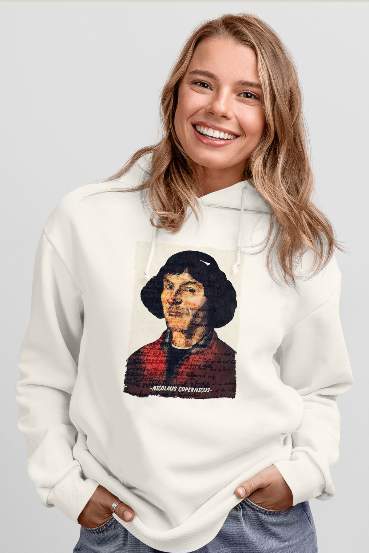 Nicolaus Copernicus Baskılı Unisex Ekru Hoodie