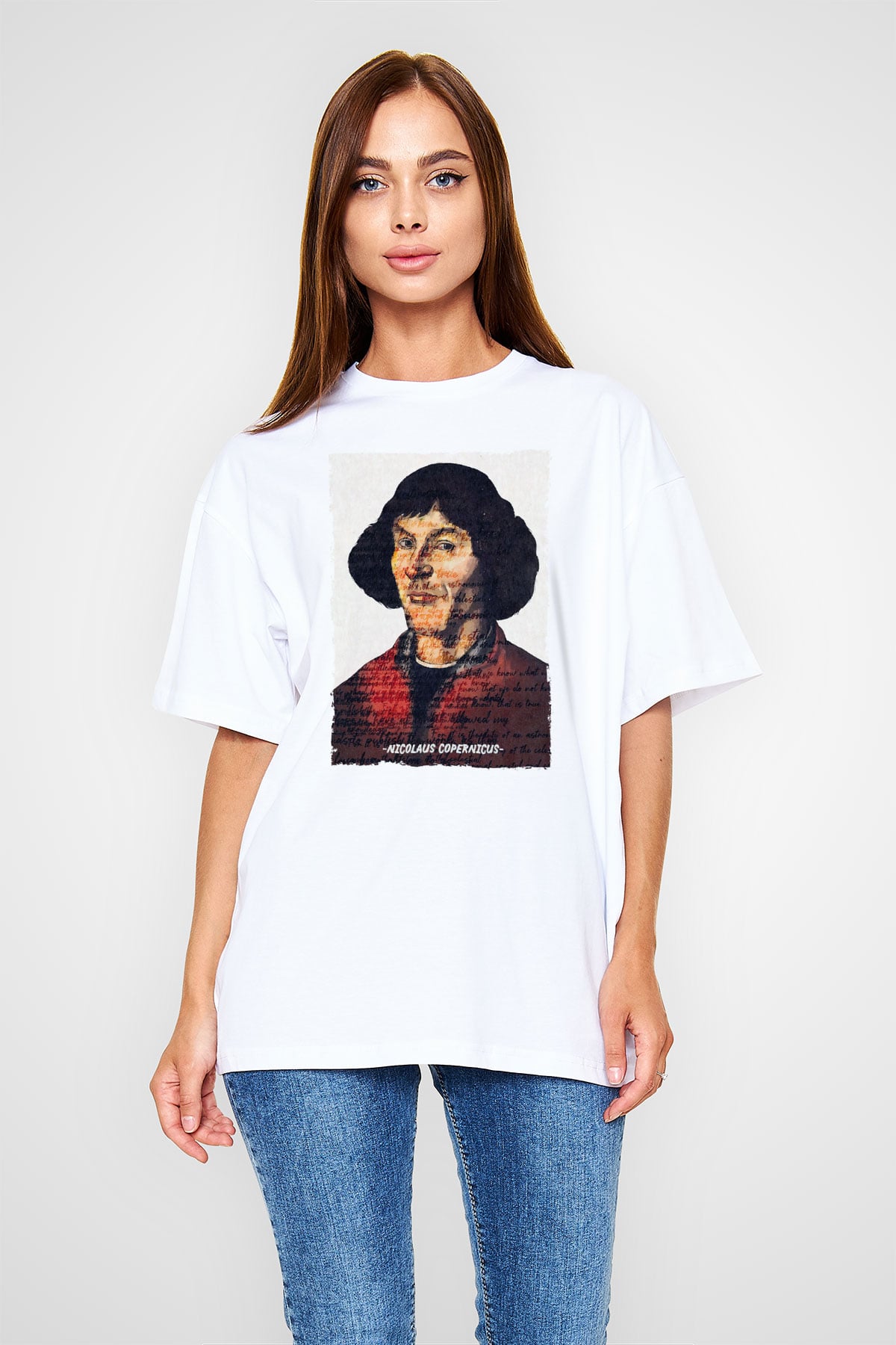 Nicolaus Copernicus Baskılı Unisex Oversize Beyaz Tişört - Tshirt
