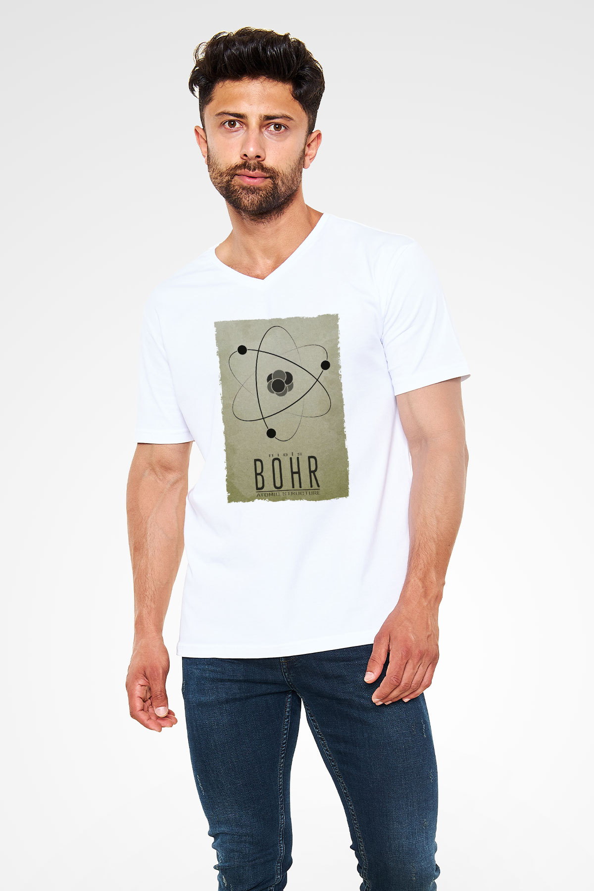 Niehls Bohr Atom Baskılı Unisex V Yaka Beyaz Tişört - Tshirt