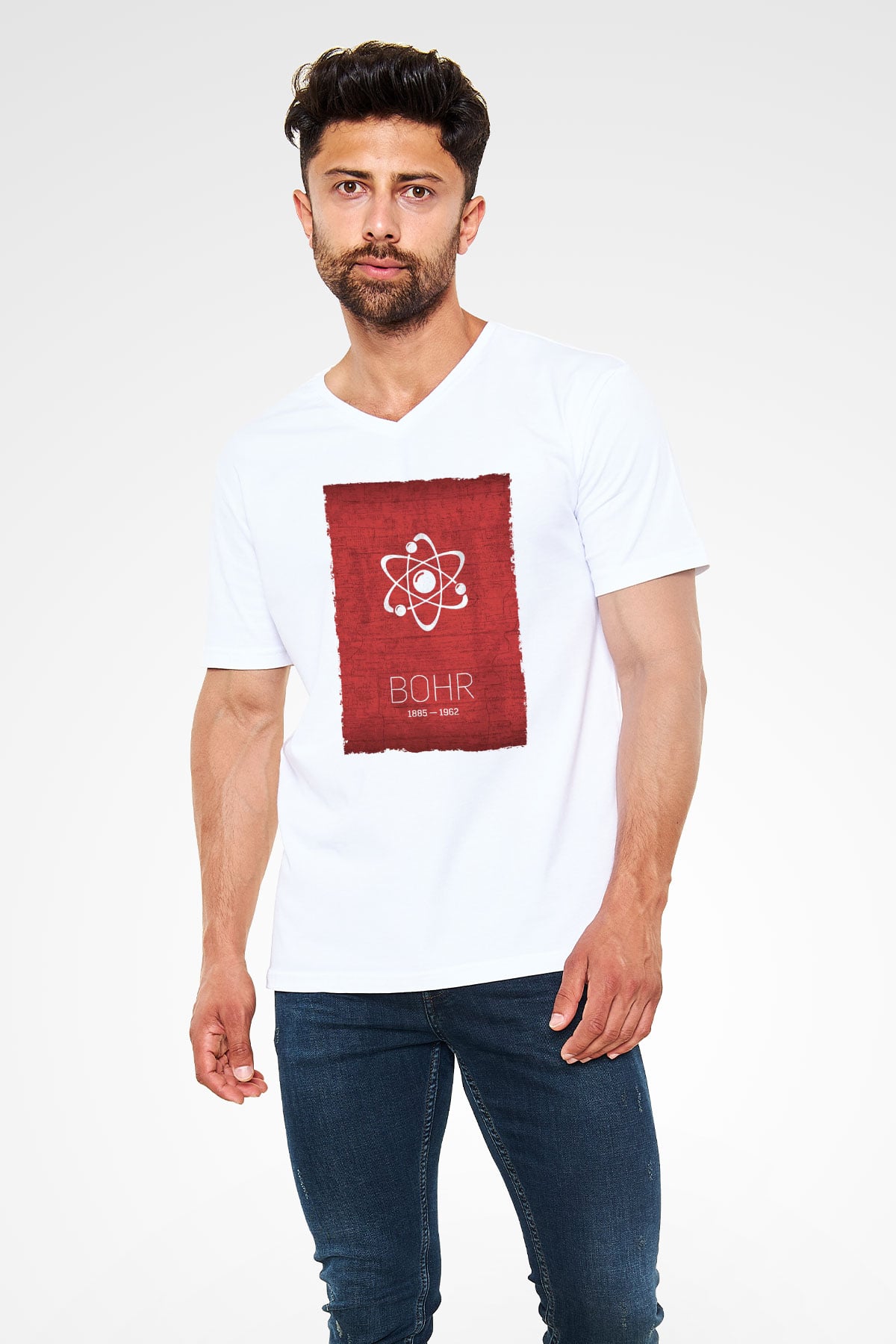 Niels Bohr Atom Modeli Baskılı Unisex V Yaka Beyaz Tişört - Tshirt