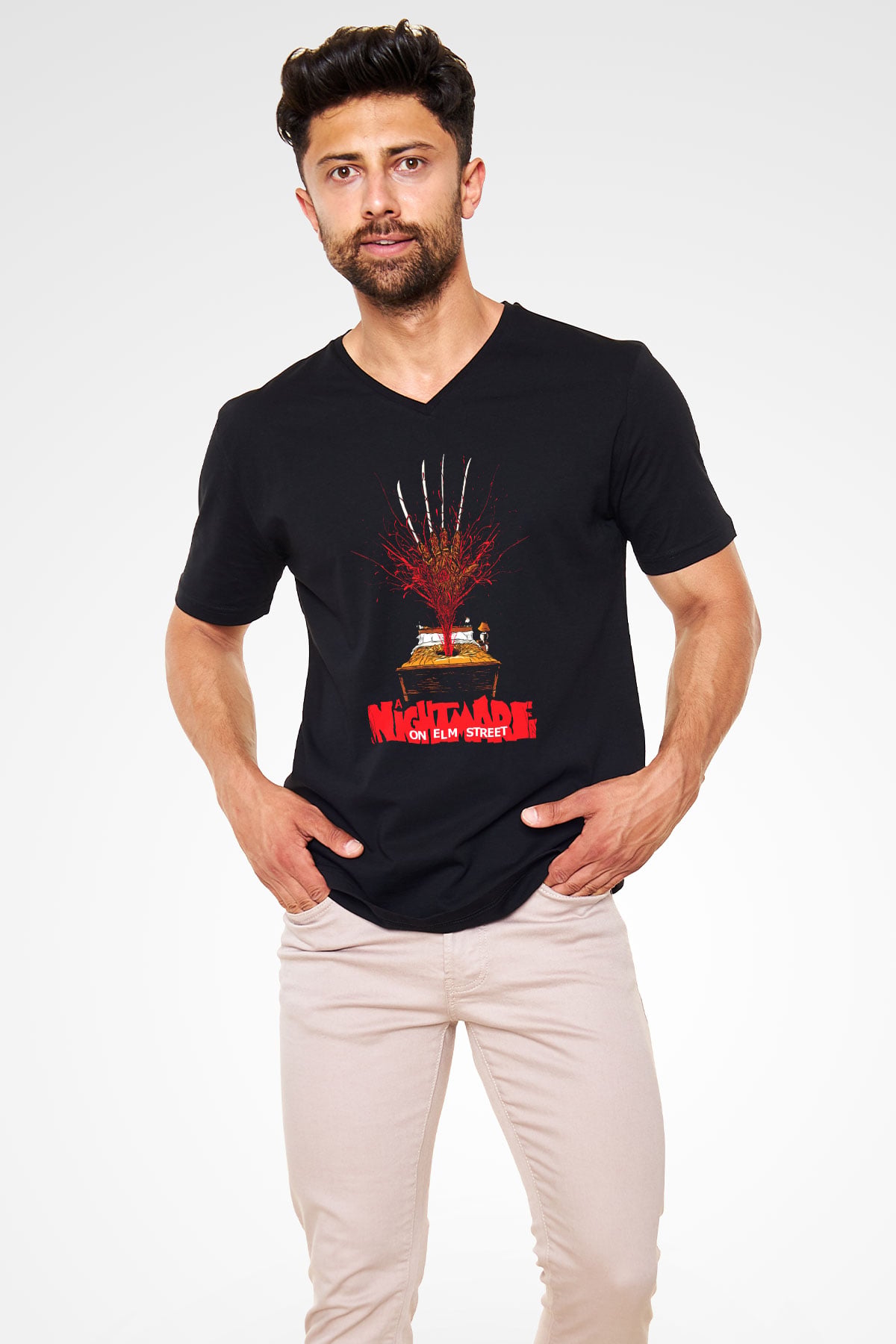 Nightmare on Elm Street Elm Sokağı Siyah Unisex V Yaka Tişört