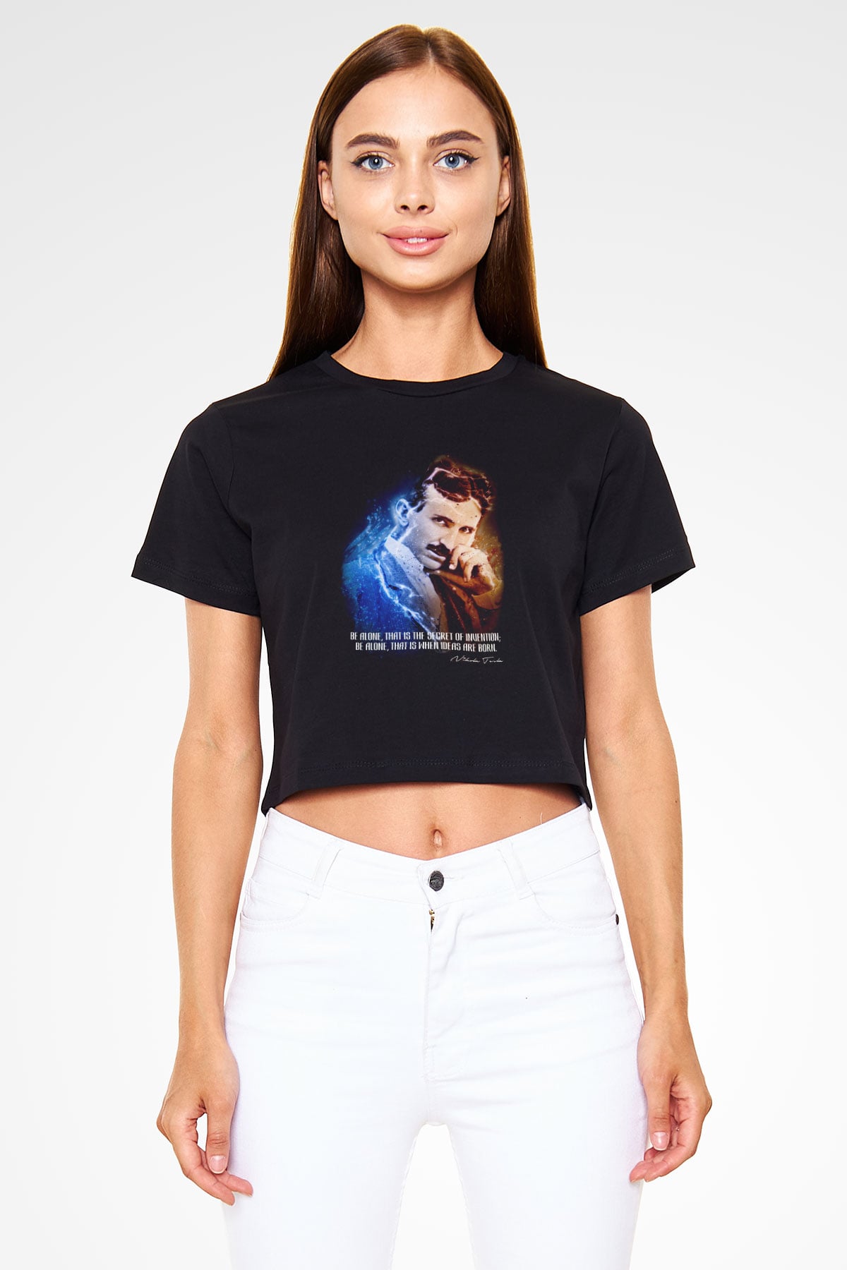 Nikola Tesla Alıntı Baskılı Crop Top Kadın Tİşört - Tshirt