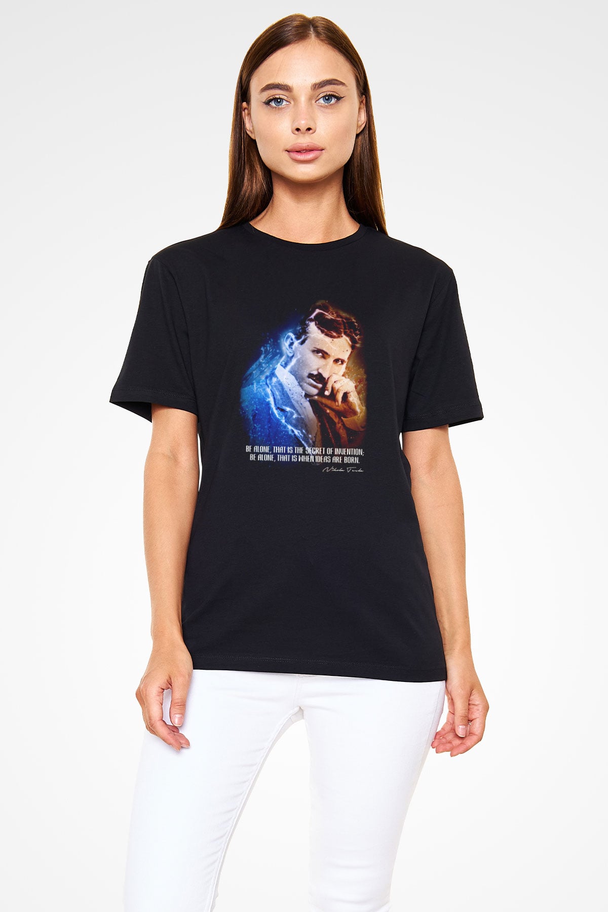 Nikola Tesla Alıntı Baskılı Unisex Siyah Tişört - Tshirt