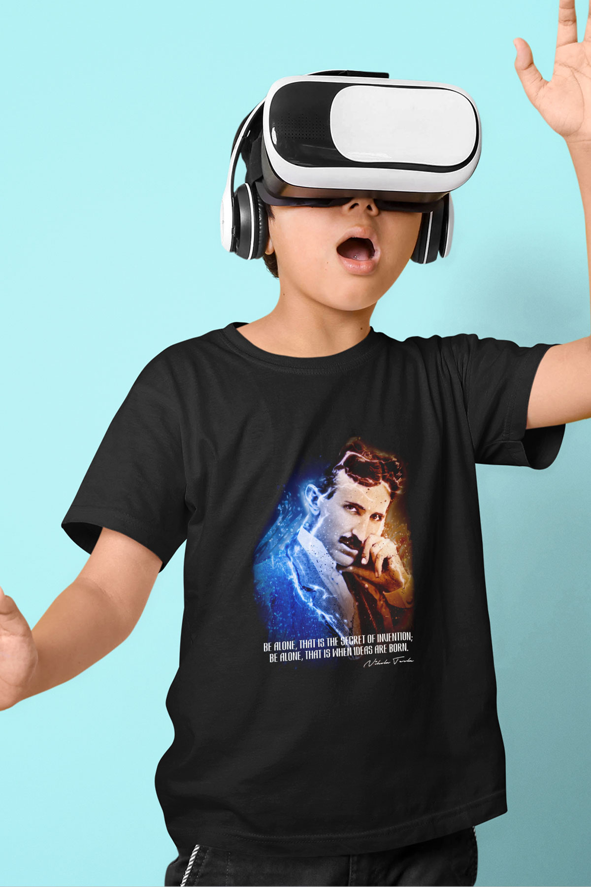 Nikola Tesla Alıntı Baskılı Unisex Siyah Çocuk Tişörtü - Tshirt