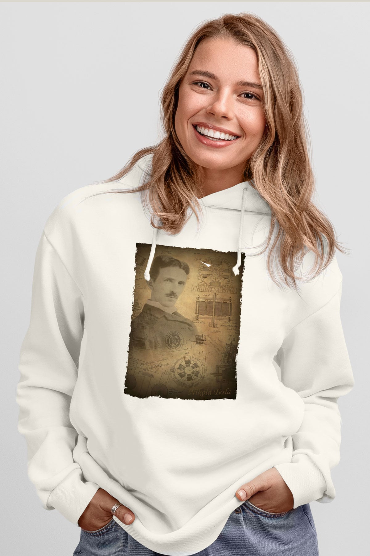 Nikola Tesla Baskılı Unisex Ekru Hoodie