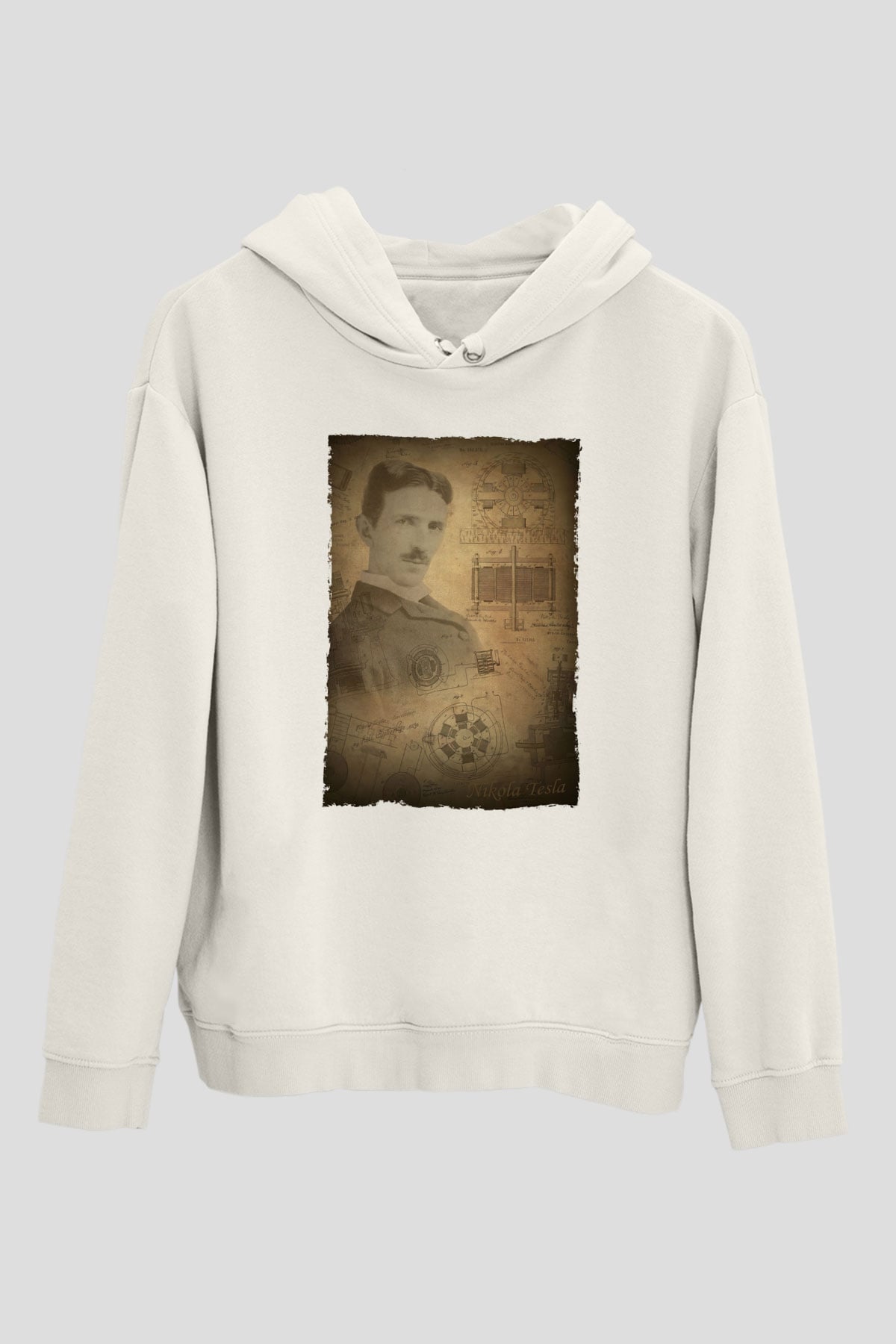 Nikola Tesla Baskılı Unisex Ekru Hoodie