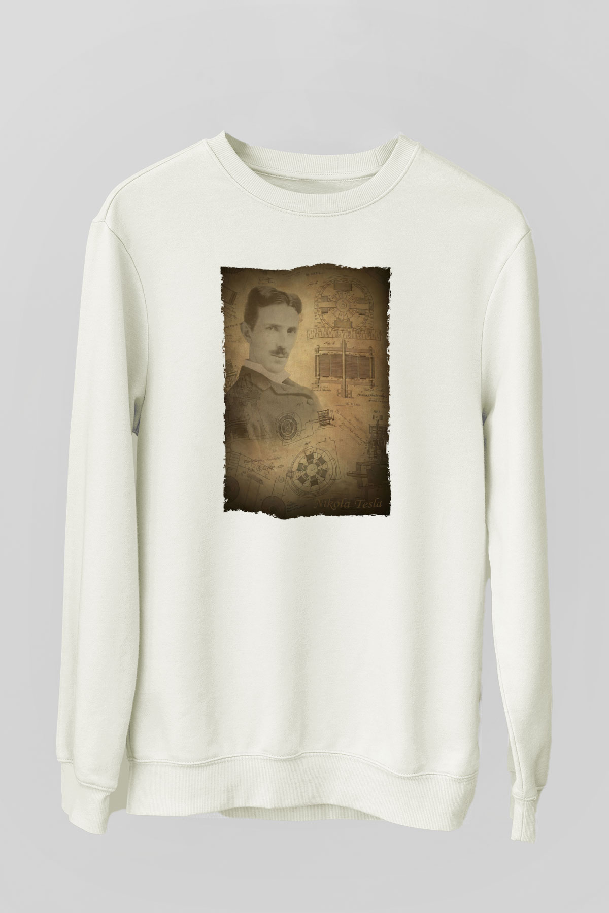 Nikola Tesla Baskılı Unisex Ekru Sweatshirt