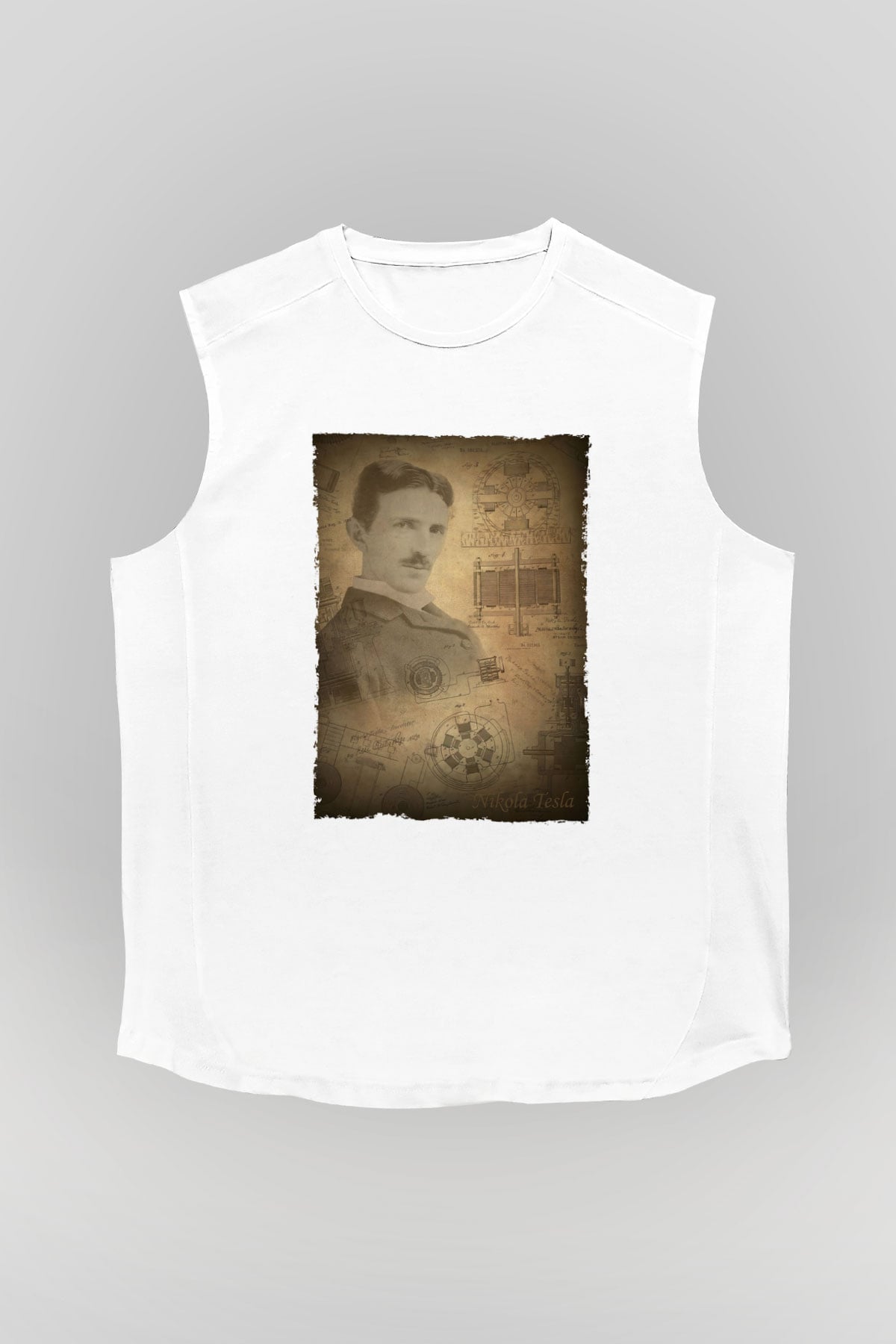 Nikola Tesla Baskılı Unisex Kolsuz Beyaz Tişört - Tshirt