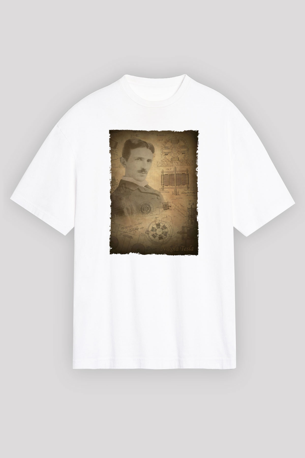 Nikola Tesla Baskılı Unisex Oversize Beyaz Tişört - Tshirt