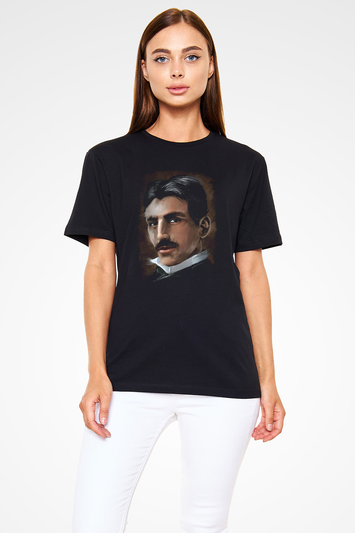Nikola Tesla Baskılı Unisex Siyah Tişört - Tshirt