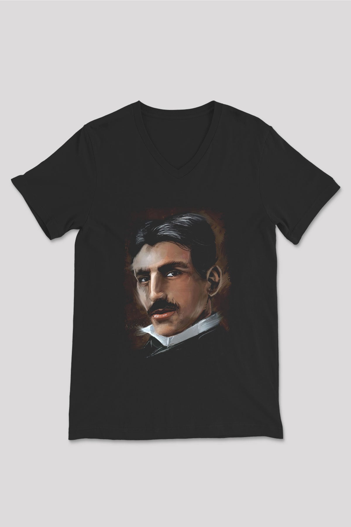 Nikola Tesla Baskılı Unisex V Yaka Siyah Tİşört - Tshirt