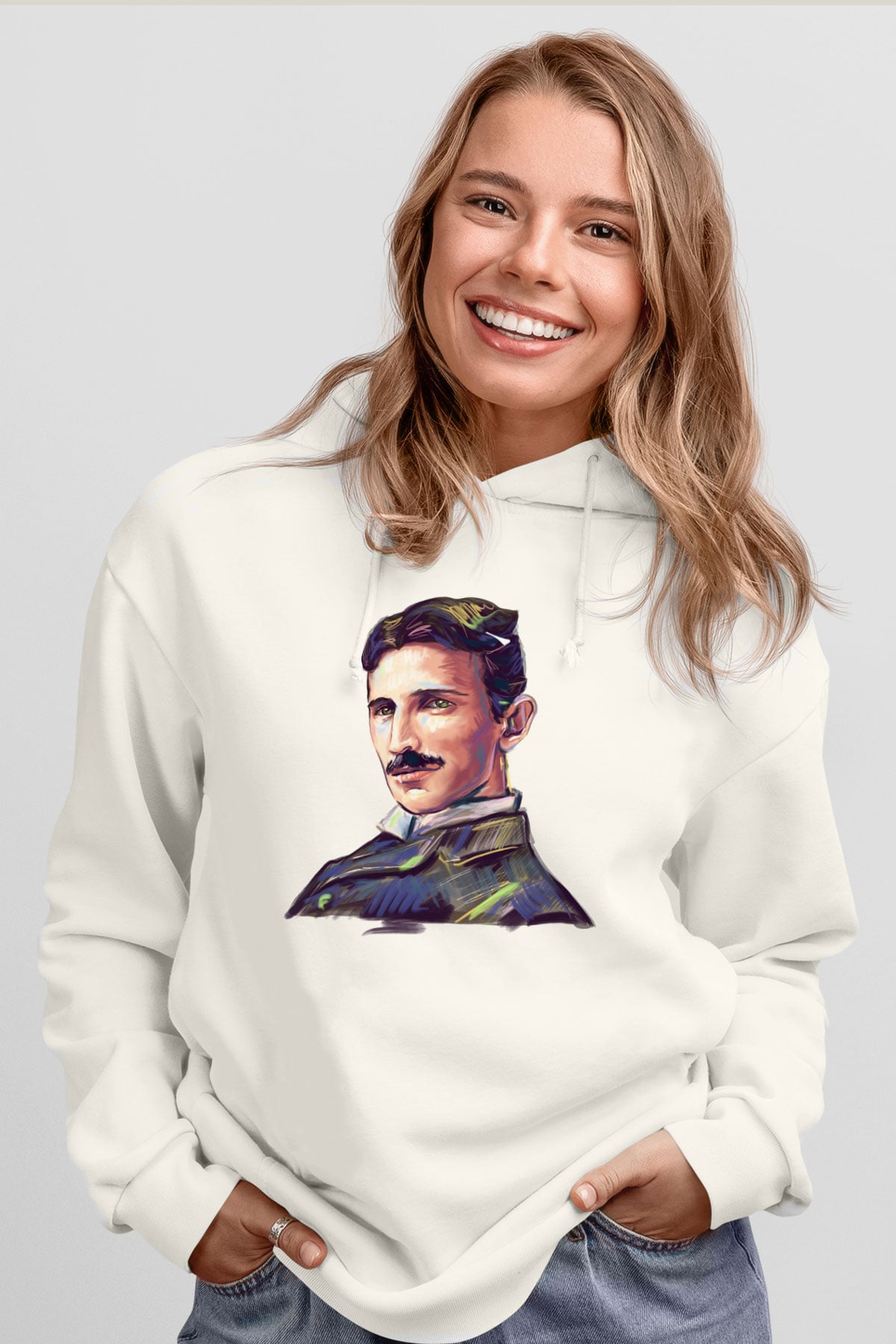 Nikola Tesla Çizim Portre Baskılı Unisex Beyaz Hoodie