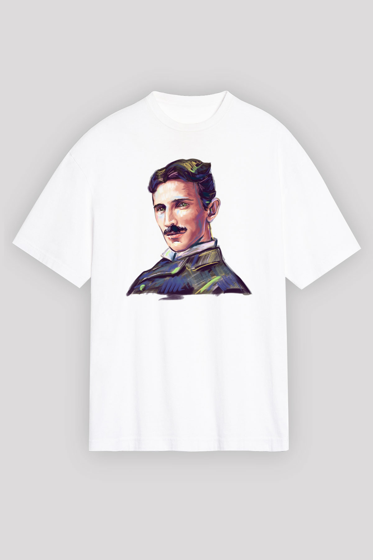 Nikola Tesla Çizim Portre Baskılı Unisex Beyaz Oversize Tişört