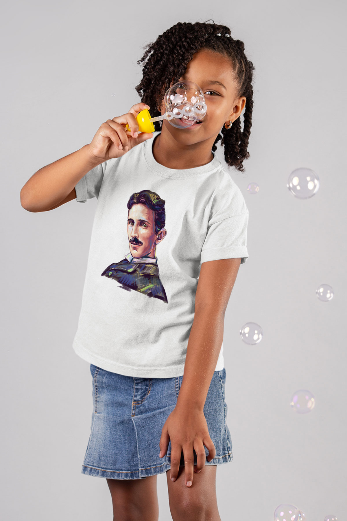 Nikola Tesla Çizim Portre Baskılı Unisex Beyaz Çocuk Tişört