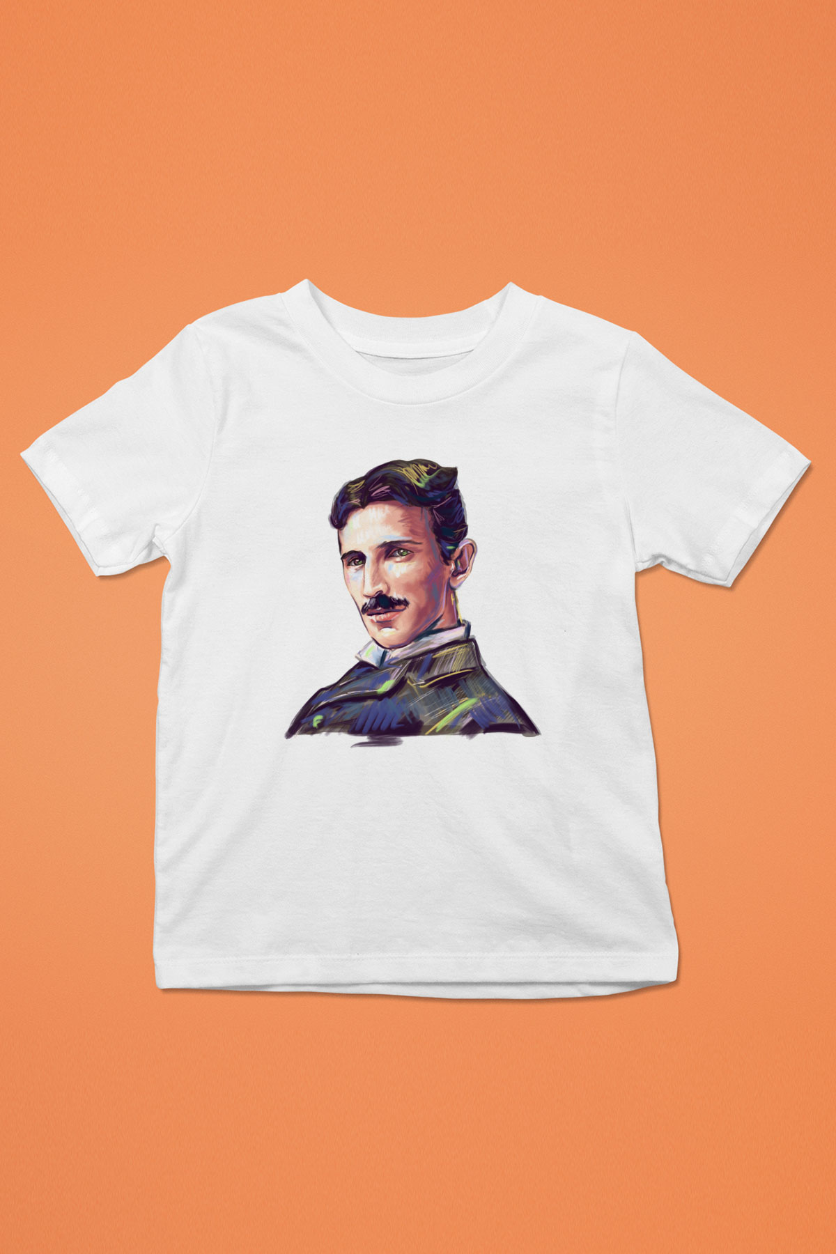 Nikola Tesla Çizim Portre Baskılı Unisex Beyaz Çocuk Tişört