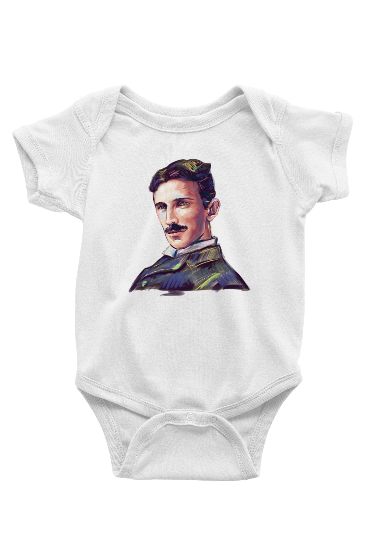Nikola Tesla Çizim Portre Baskılı Unisex Beyaz Bebek Body - Zıbın