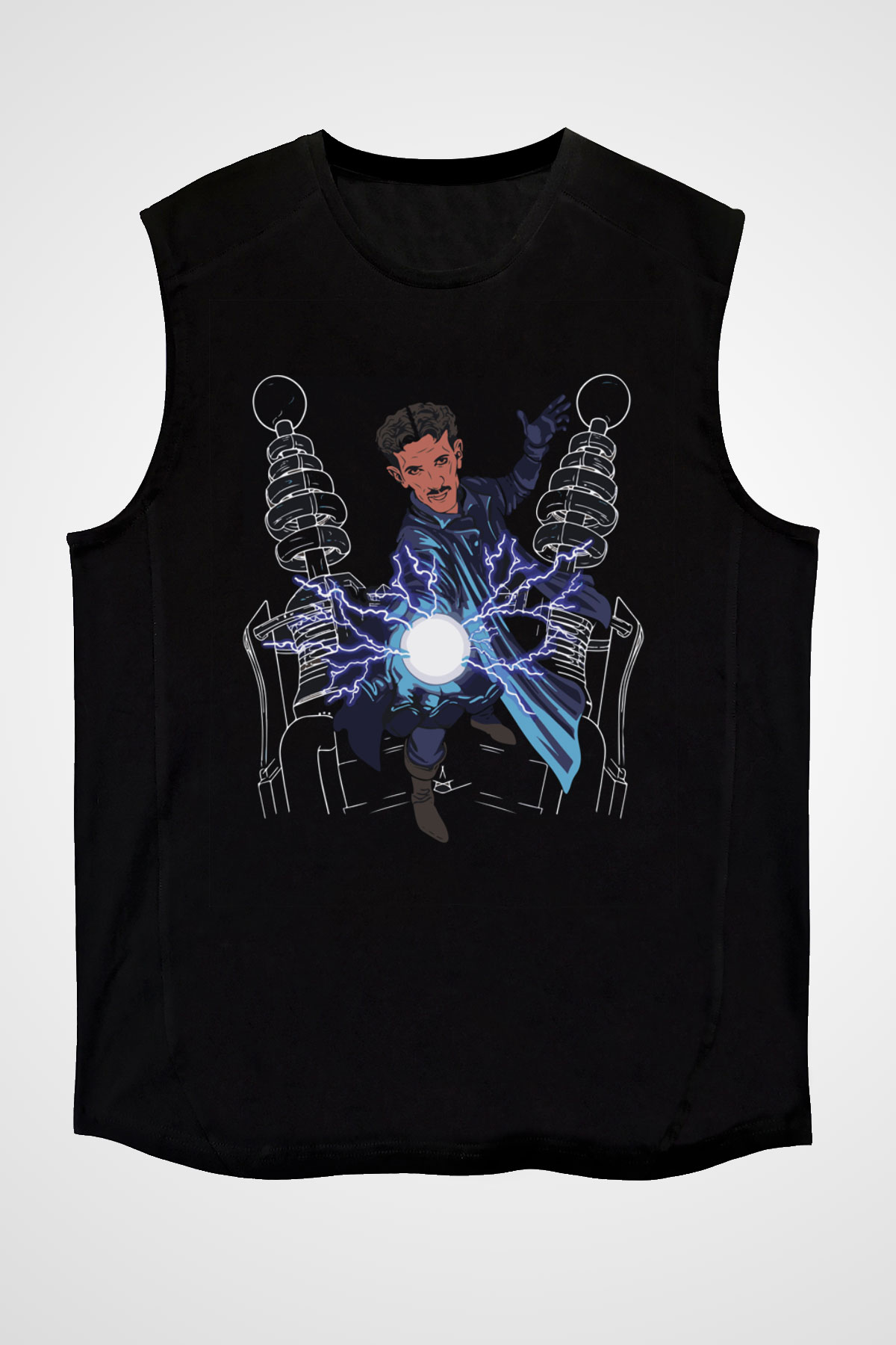 Nikola Tesla Elektrik Çizim Baskılı Unisex Siyah Kolsuz Tişört