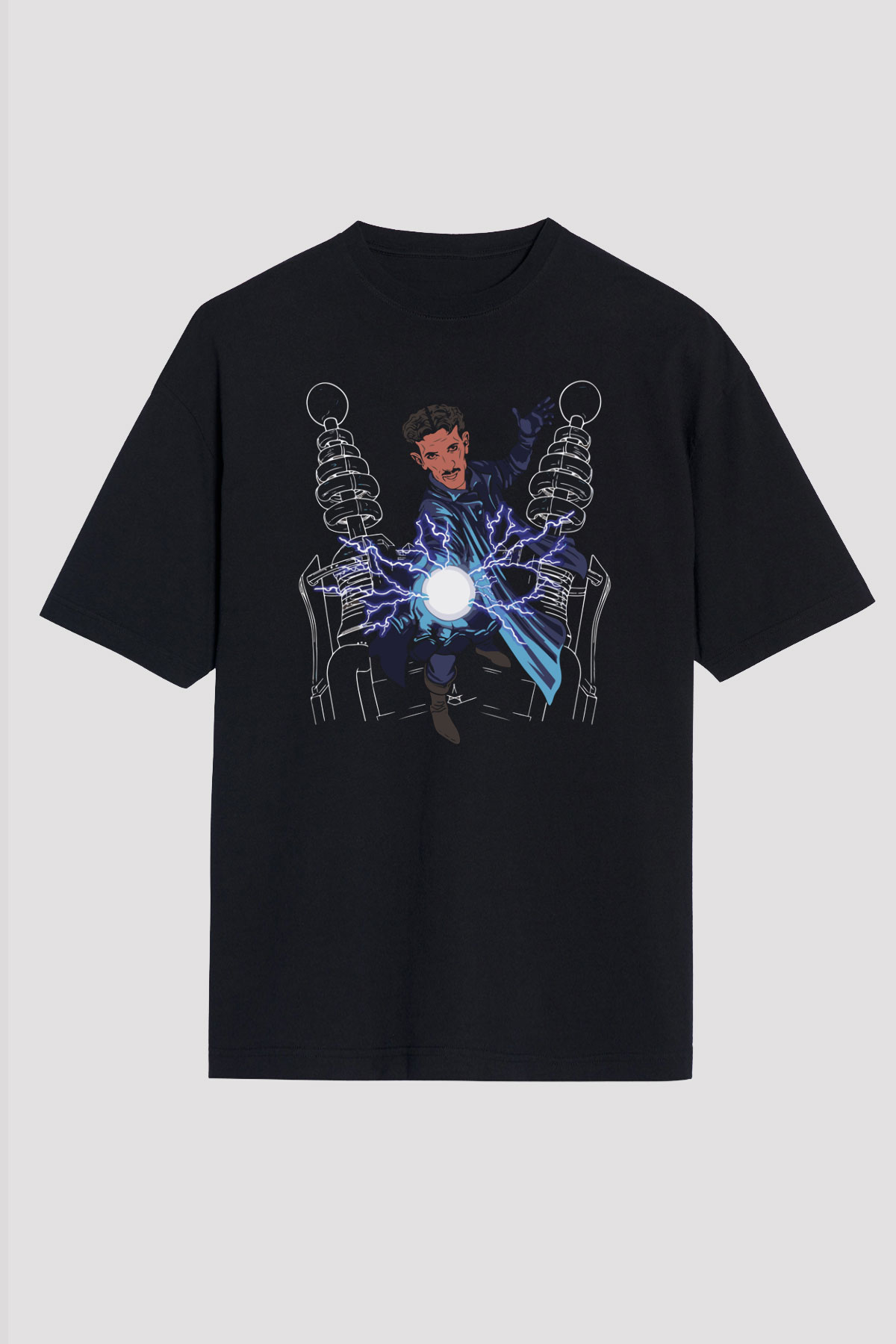 Nikola Tesla Elektrik Çizim Baskılı Unisex Siyah Oversize Tişört