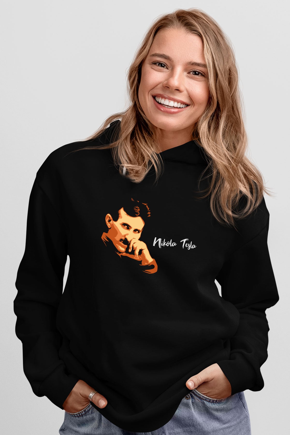Nikola Tesla Portre Baskılı Unisex Siyah Hoodie