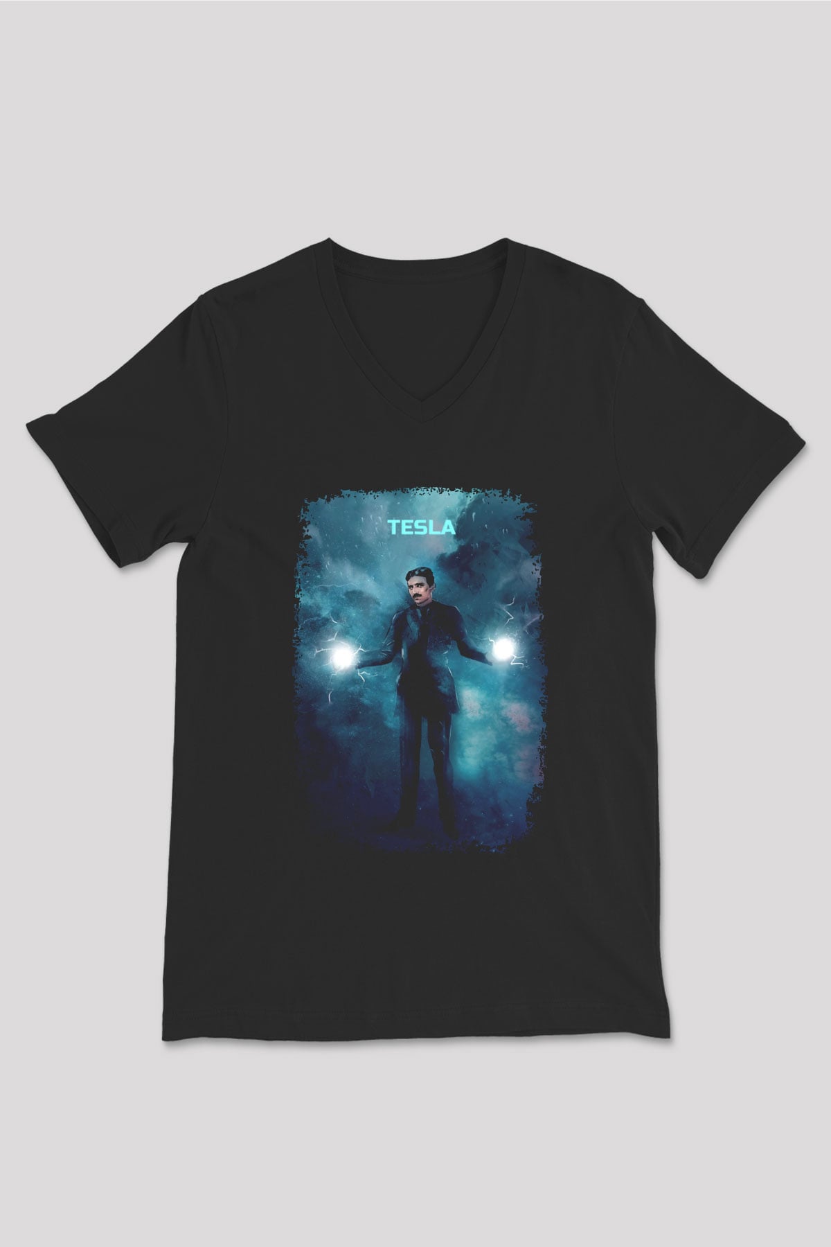 Nikola Tesla Renkli Çizim Baskılı Unisex V Yaka Siyah Tİşört - Tshirt
