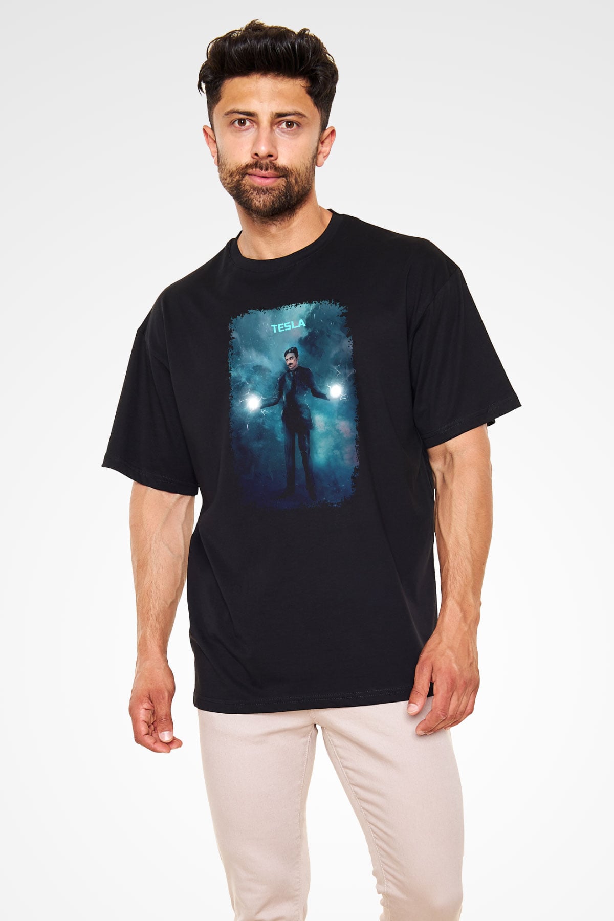 Nikola Tesla Renkli Çizim Baskılı Unisex Oversize Tişört - Tshirt