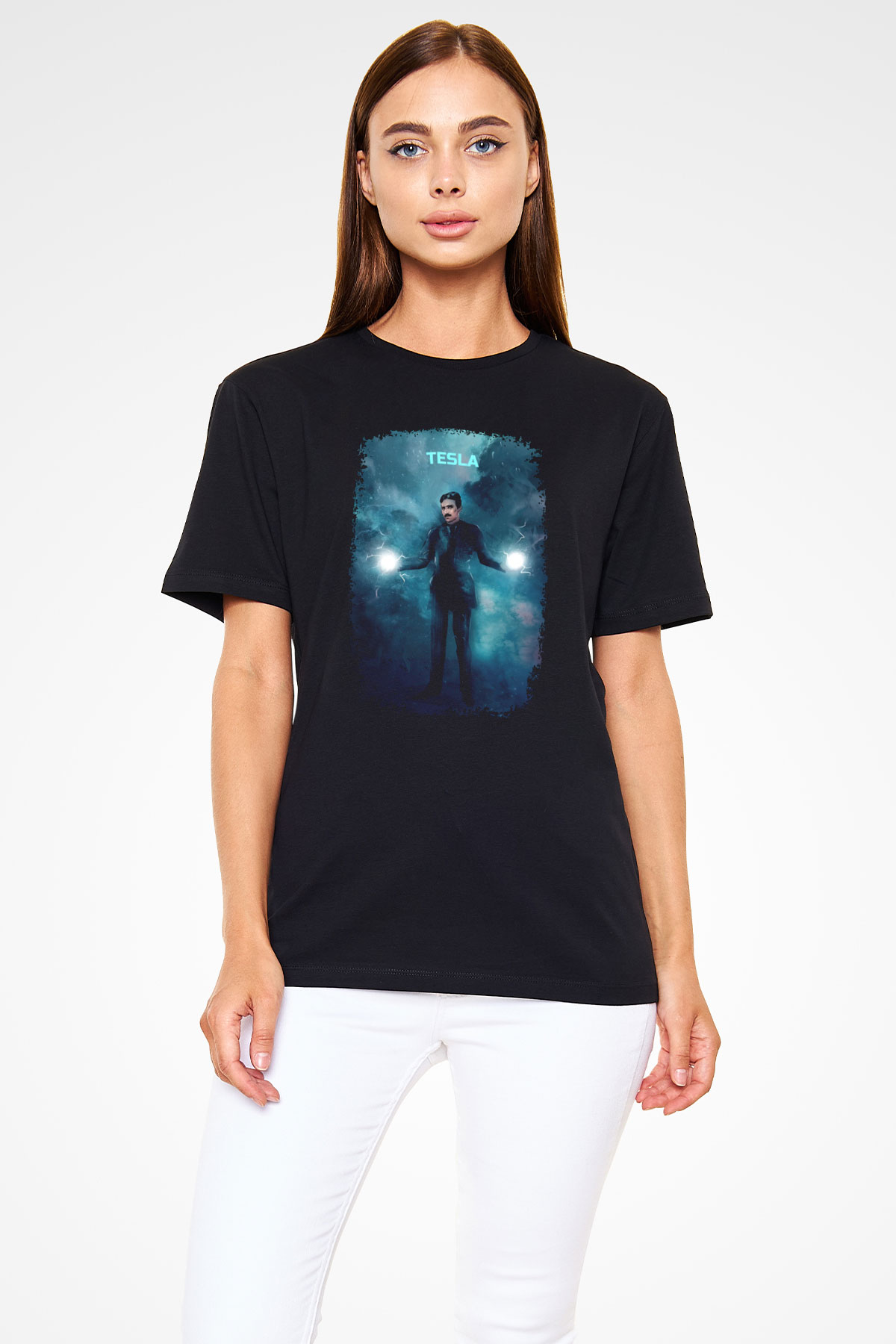 Nikola Tesla Renkli Çizim Baskılı Unisex Siyah Tişört - Tshirt