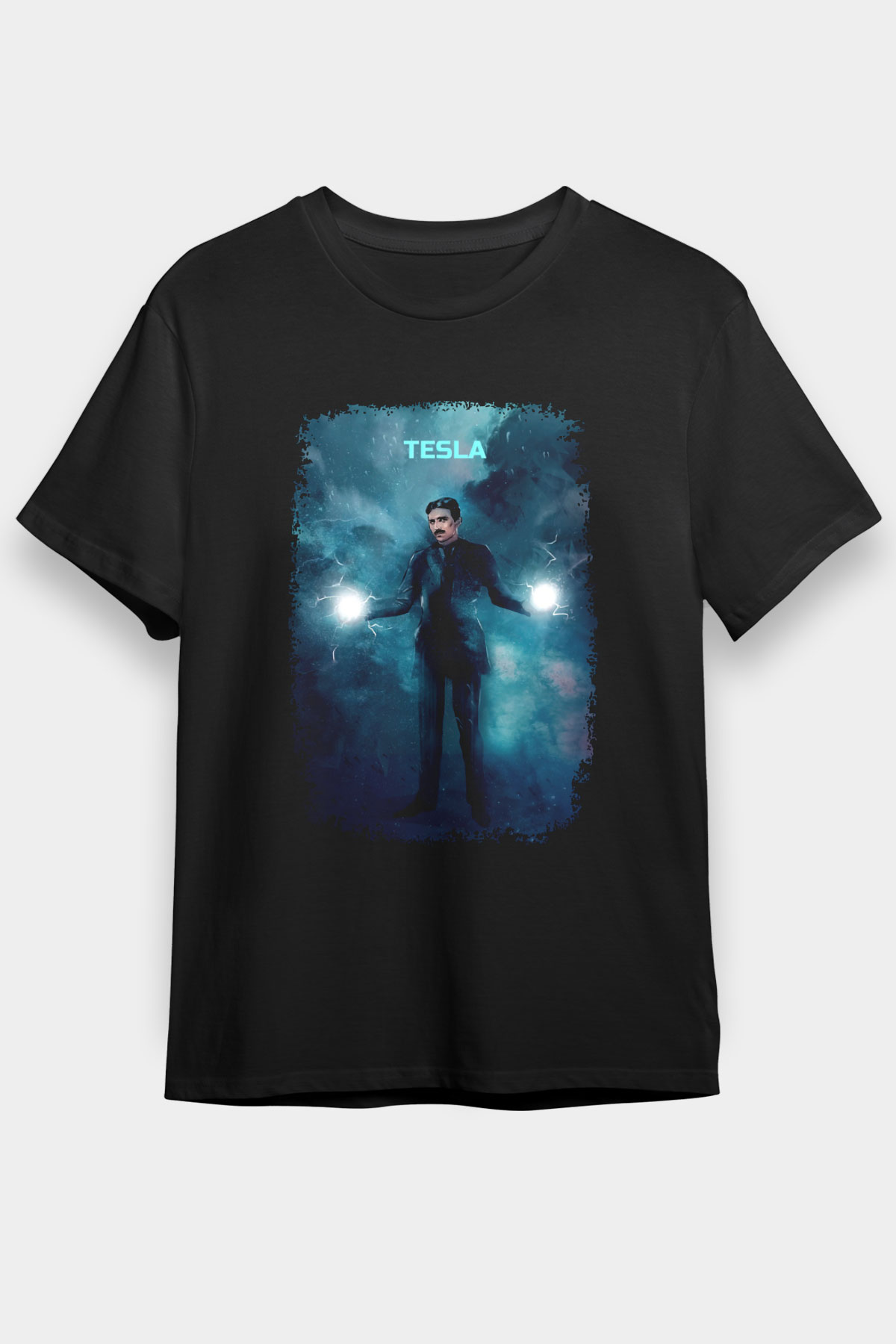 Nikola Tesla Renkli Çizim Baskılı Unisex Siyah Tişört - Tshirt