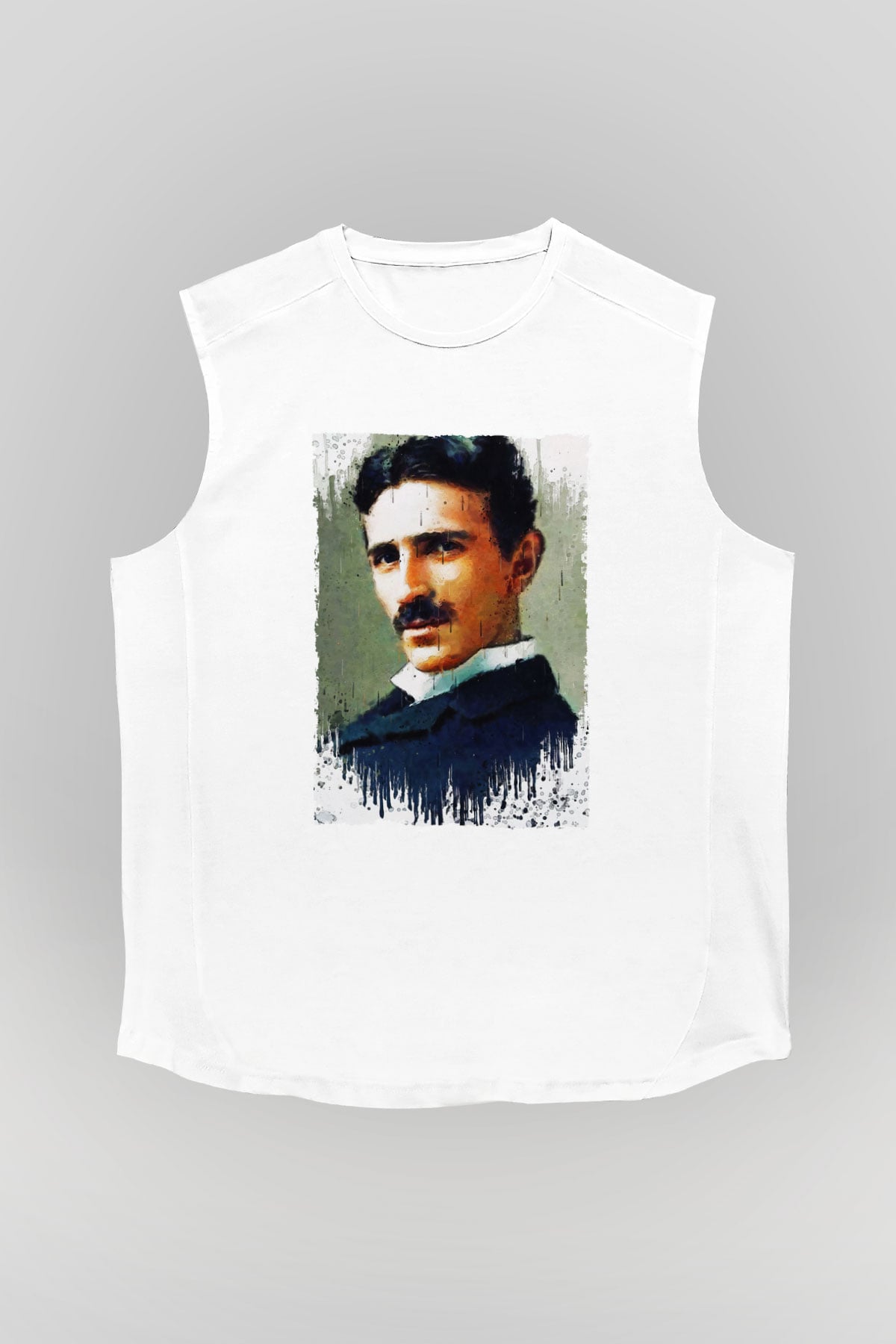 Nikola Tesla Renkli Portre Baskılı Unisex Kolsuz Beyaz Tişört - Tshirt