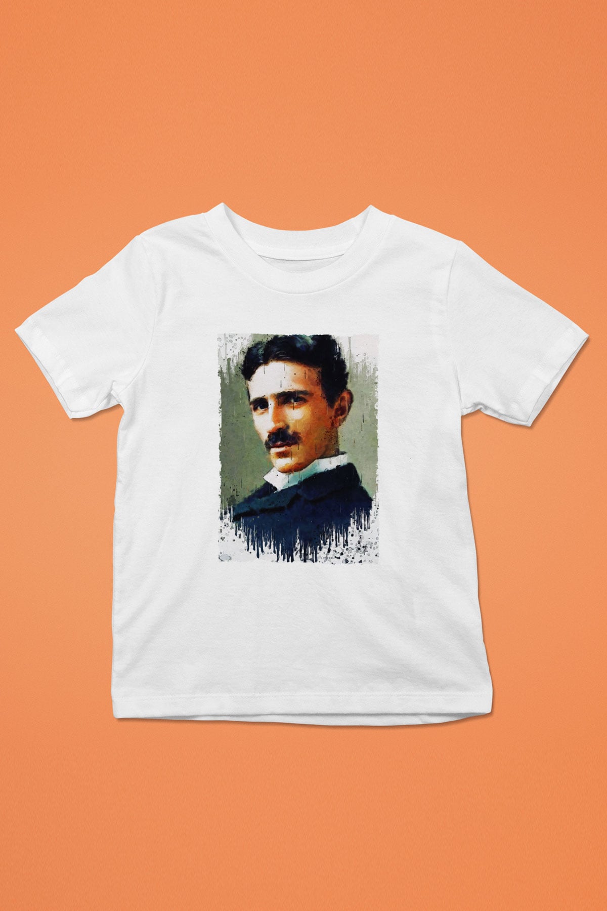 Nikola Tesla Renkli Portre Baskılı Unisex Beyaz Çocuk Tişörtü - Tshirt