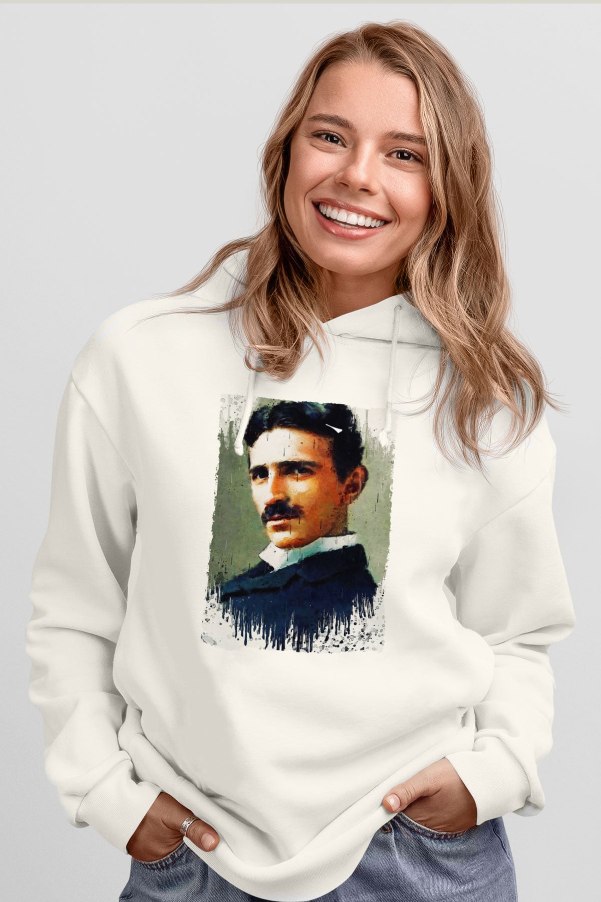 Nikola Tesla Renkli Portre Baskılı Unisex Ekru Hoodie