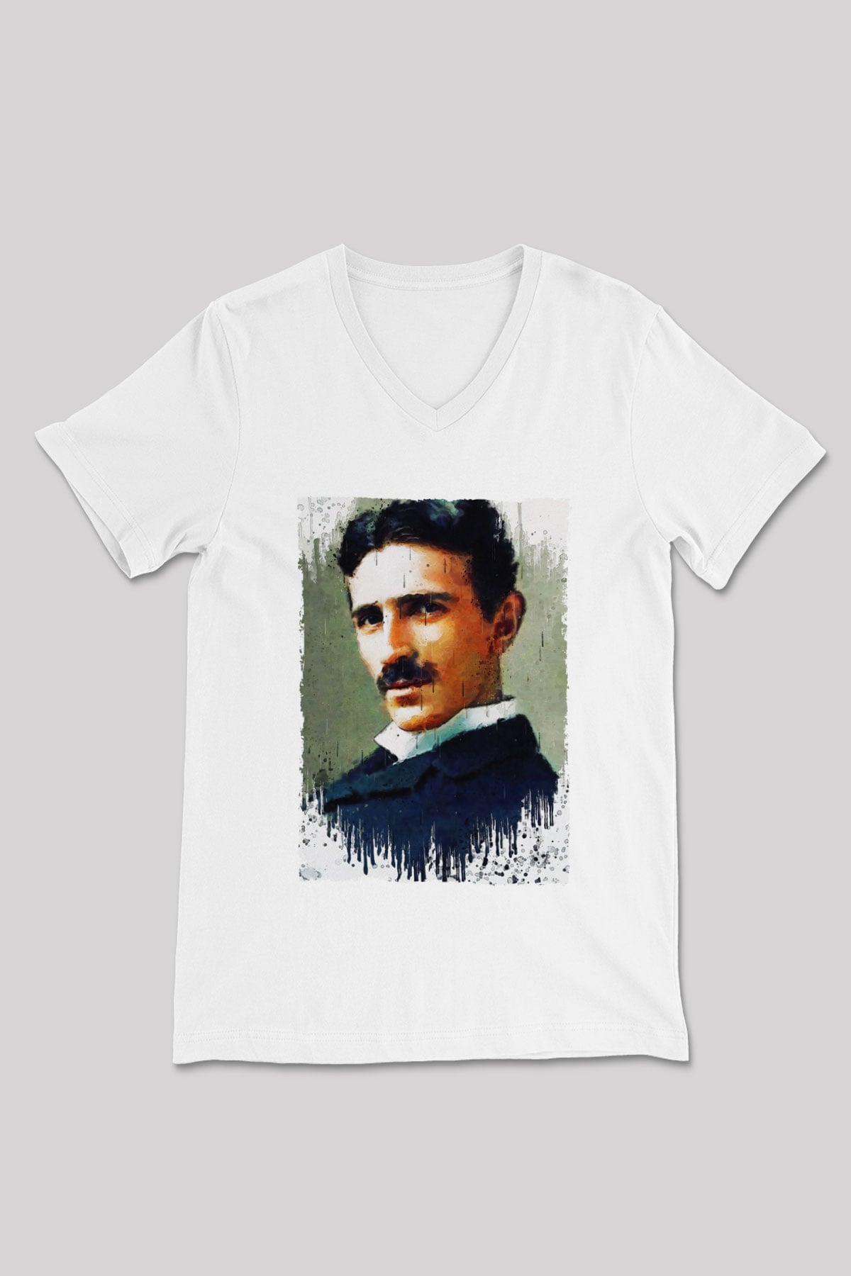 Nikola Tesla Renkli Portre Baskılı Unisex V Yaka Beyaz Tişört - Tshirt