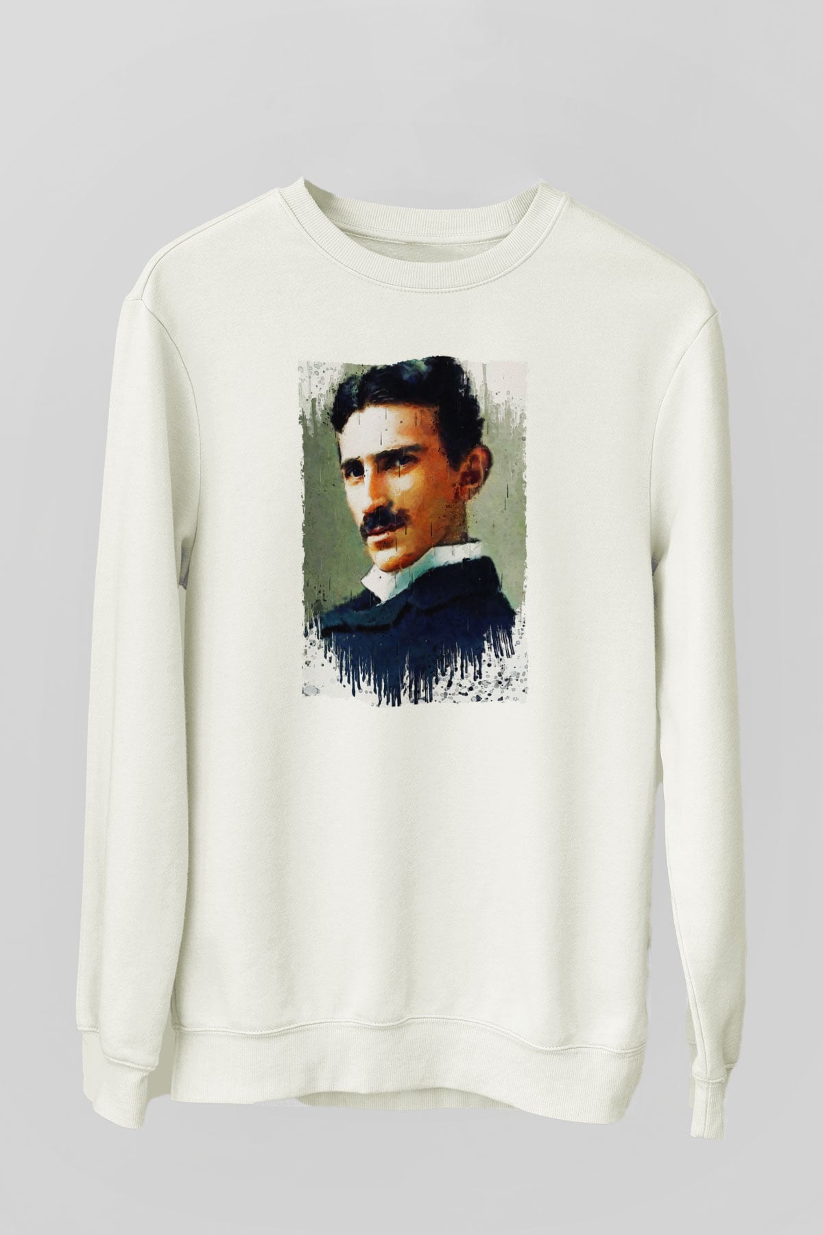 Nikola Tesla Renkli Portre Baskılı Unisex Ekru Sweatshirt