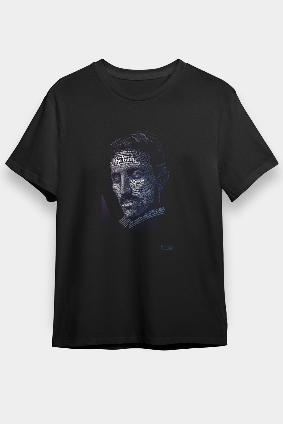 Nikola Tesla Tipografi Baskılı Unisex Siyah Tişört - Tshirt