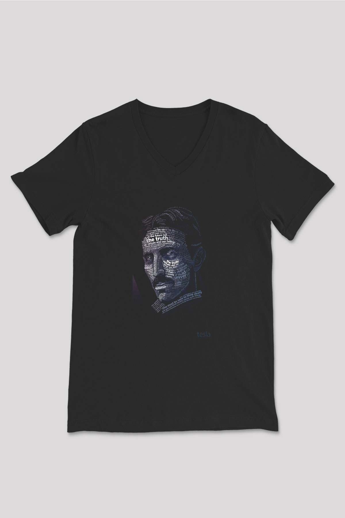 Nikola Tesla Tipografi Baskılı Unisex V Yaka Siyah Tİşört - Tshirt