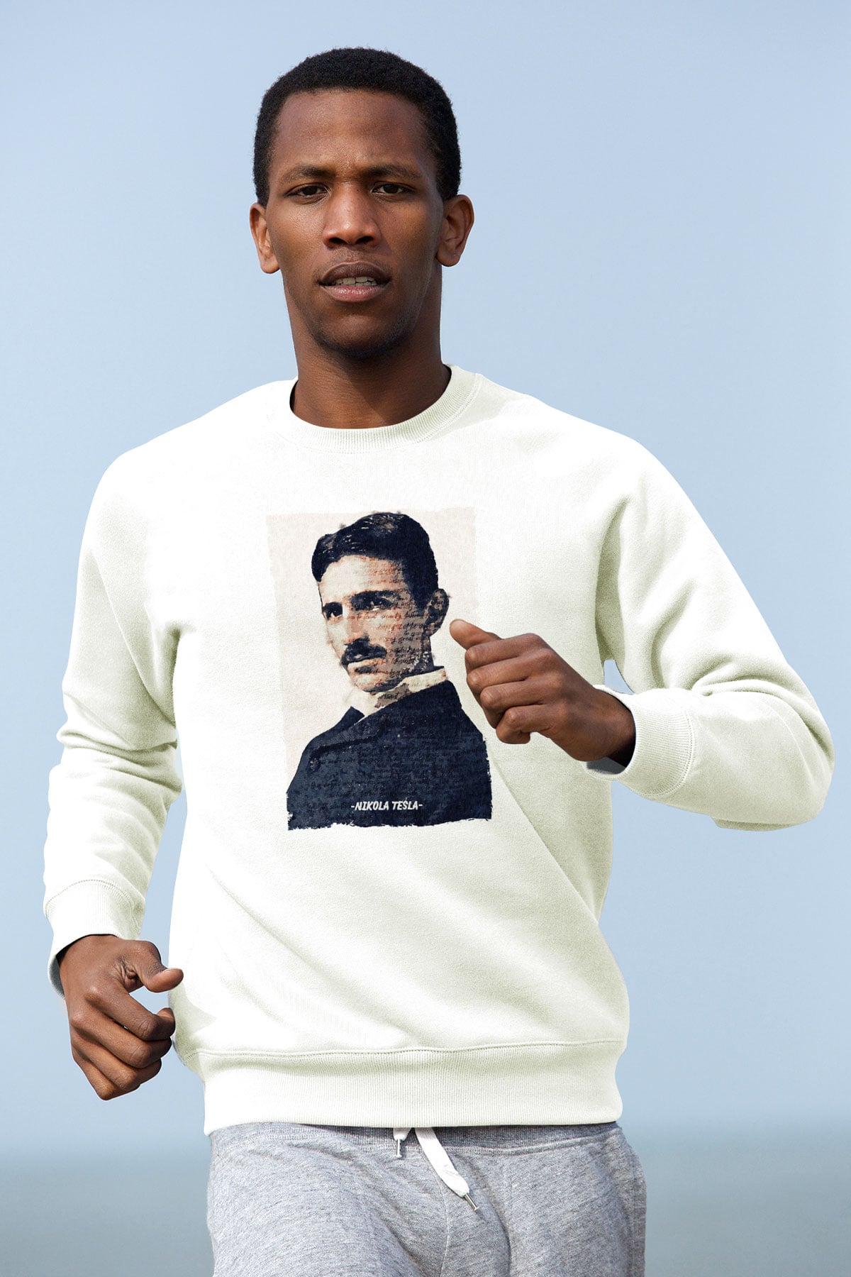 Nikola Tesla Yazılı Portre Baskılı Unisex Ekru Sweatshirt