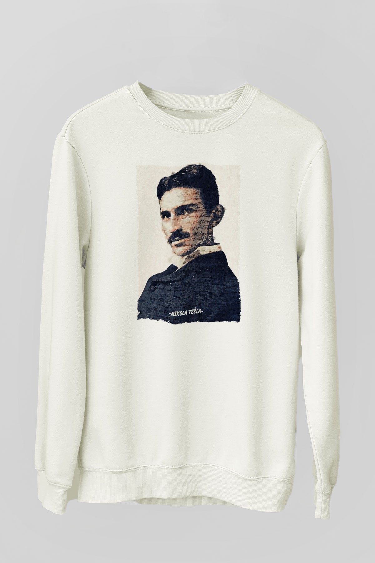 Nikola Tesla Yazılı Portre Baskılı Unisex Ekru Sweatshirt