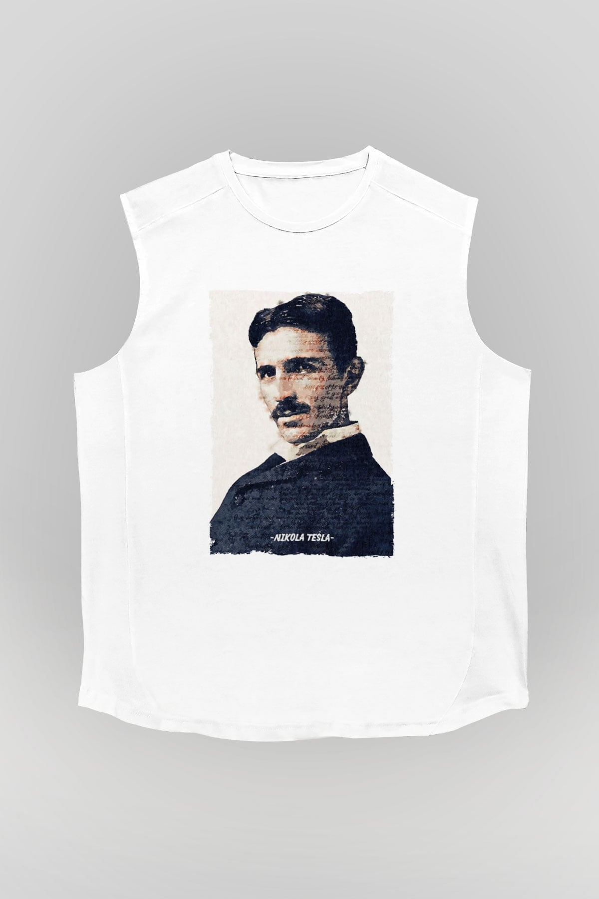 Nikola Tesla Yazılı Portre Baskılı Unisex Kolsuz Beyaz Tişört - Tshirt