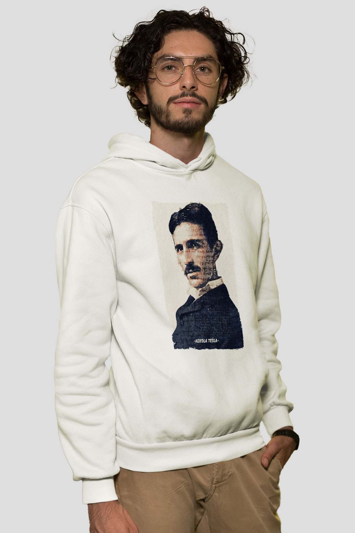 Nikola Tesla Yazılı Portre Baskılı Unisex Ekru Hoodie