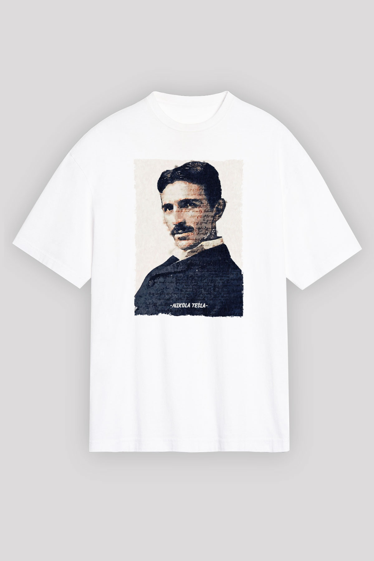 Nikola Tesla Yazılı Portre Baskılı Unisex Oversize Beyaz Tişört - Tshirt