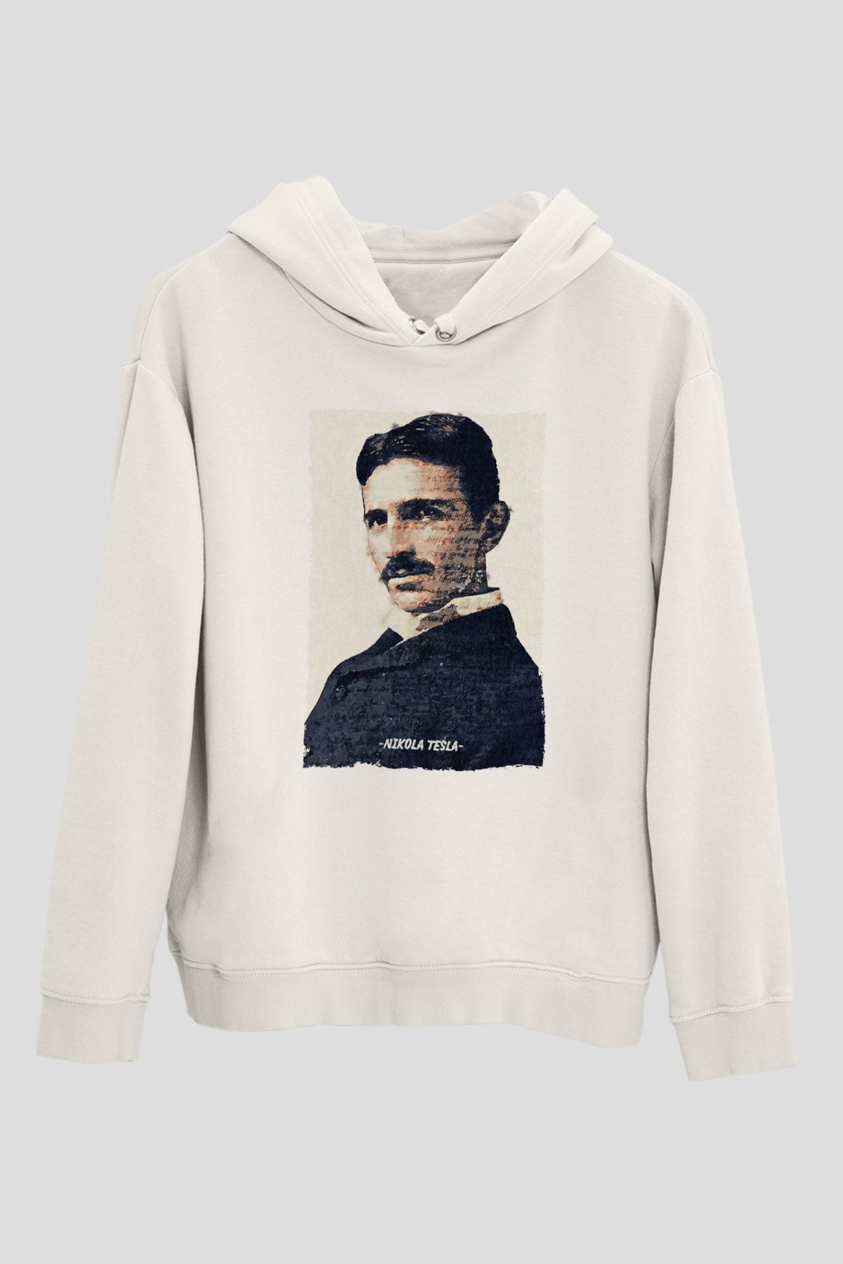 Nikola Tesla Yazılı Portre Baskılı Unisex Ekru Hoodie