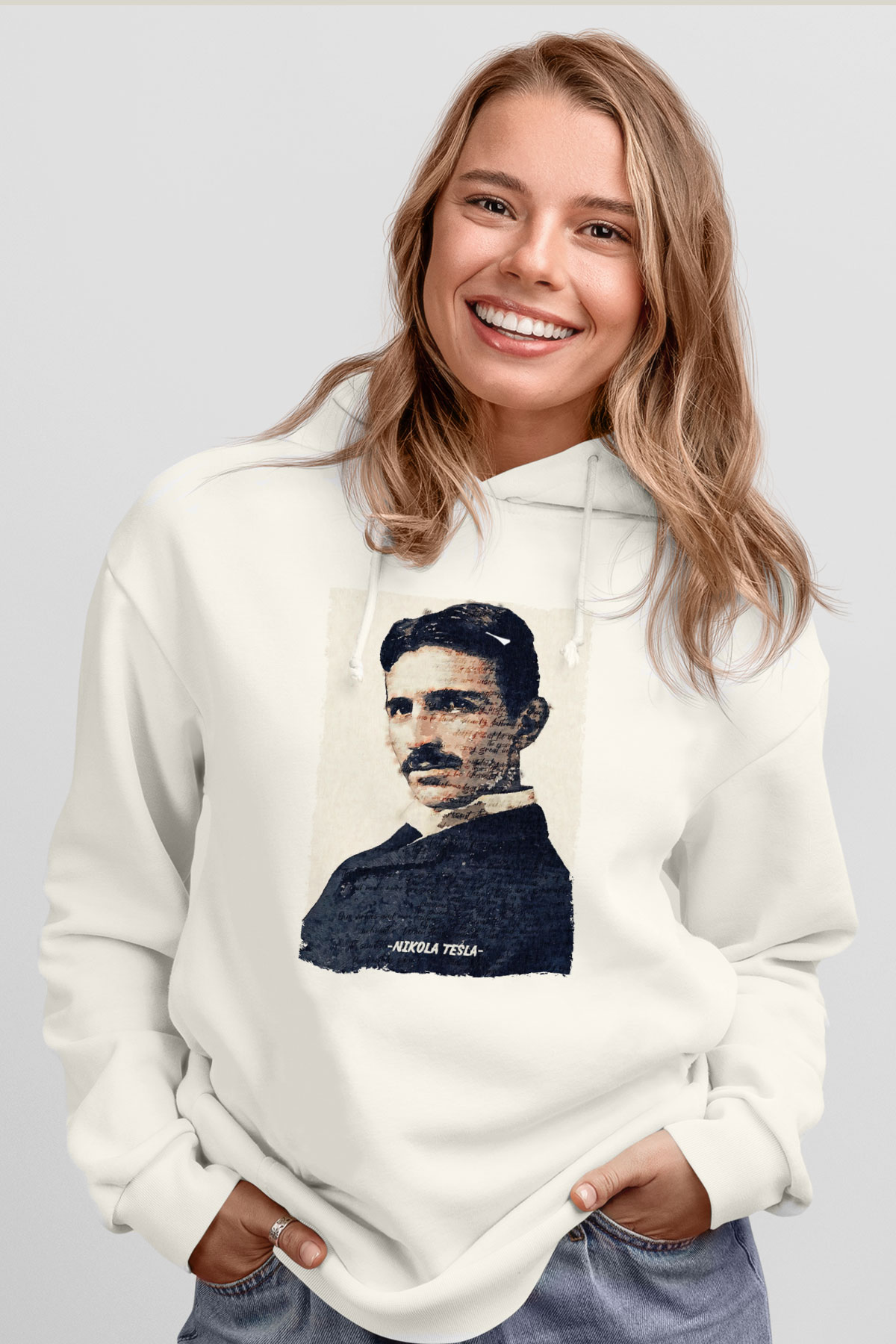 Nikola Tesla Yazılı Portre Baskılı Unisex Ekru Hoodie