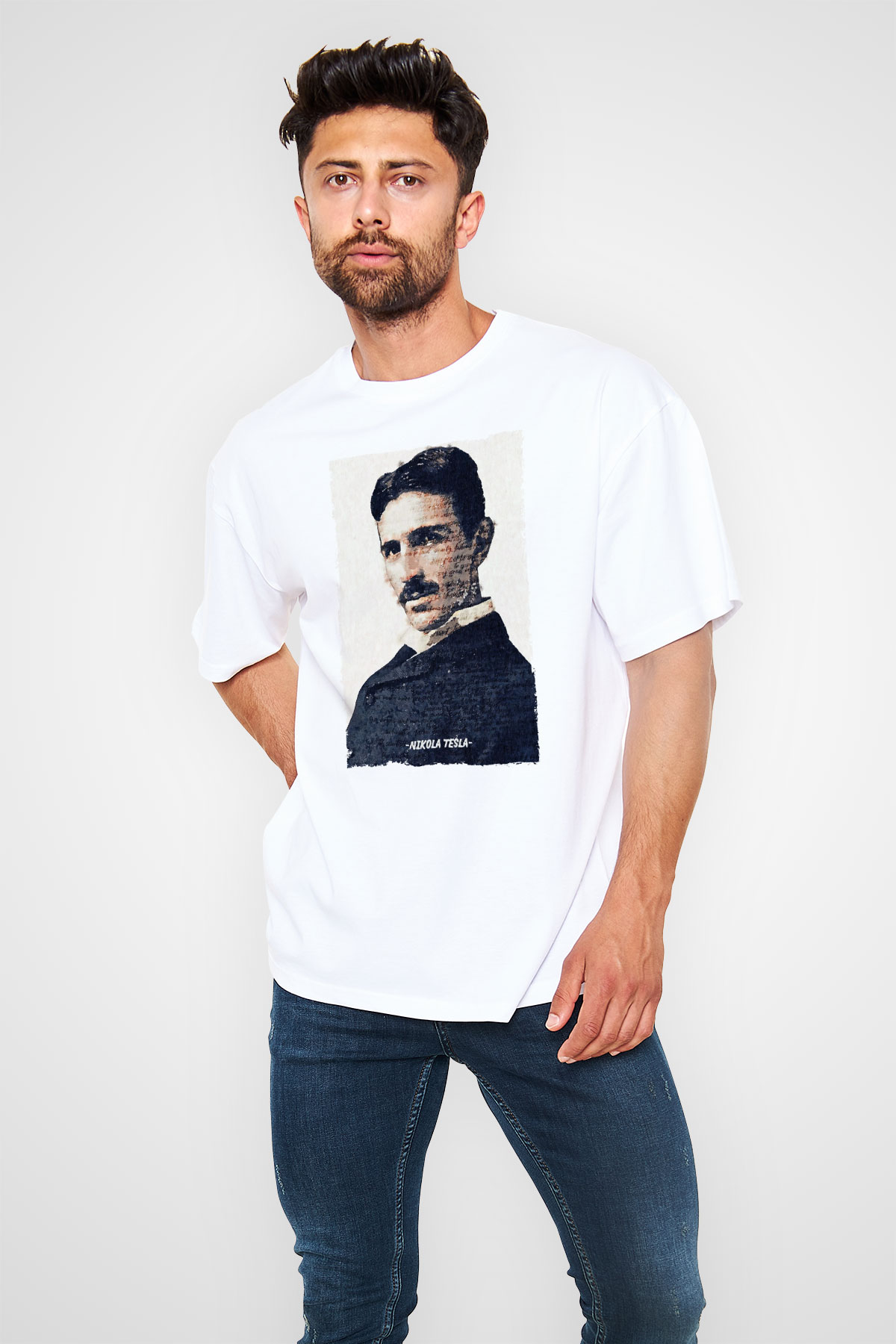 Nikola Tesla Yazılı Portre Baskılı Unisex Oversize Beyaz Tişört - Tshirt