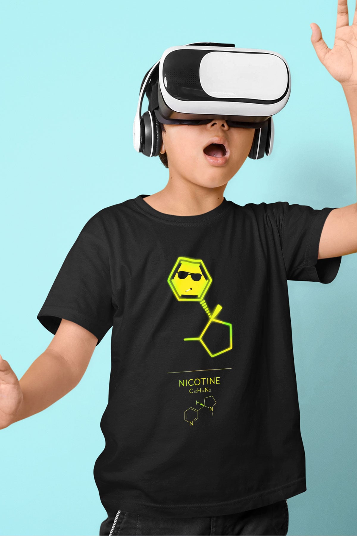 Nikotin Baskılı Unisex Siyah Çocuk Tişörtü - Tshirt