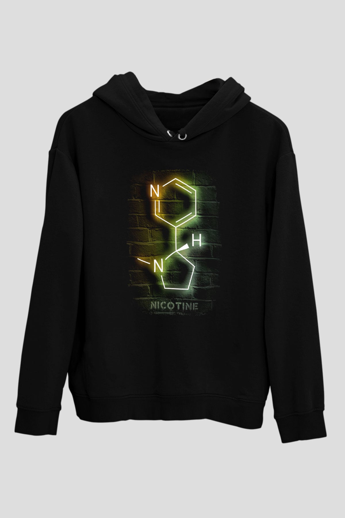 Nikotin Molekülü Baskılı Unisex Siyah Kapüşonlu Sweatshirt