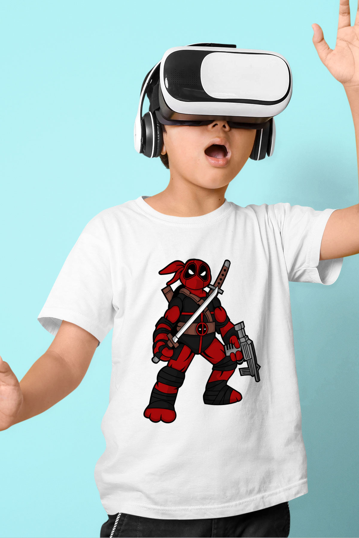 Ninja Deadpool Baskılı Beyaz Unisex Çocuk Tişört