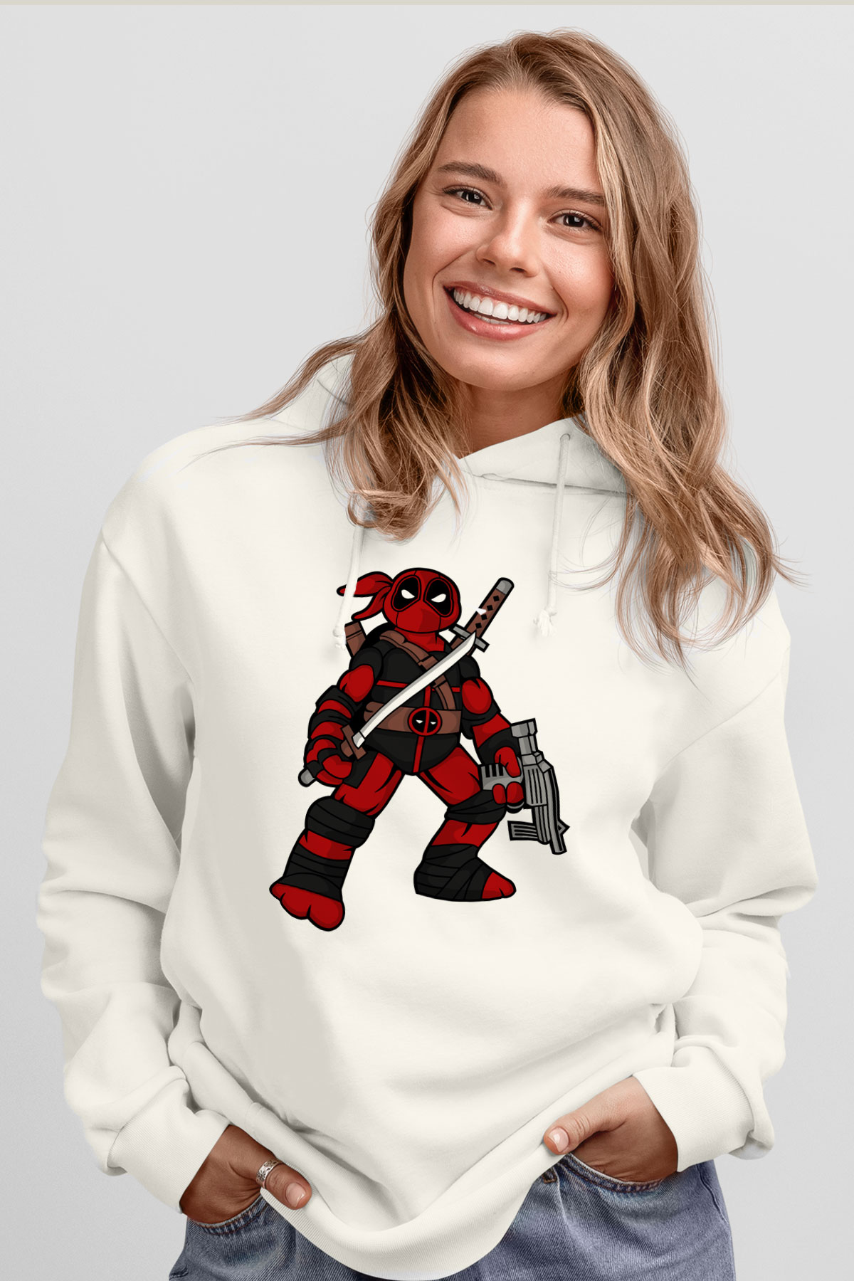 Ninja Deadpool Baskılı Beyaz Unisex Hoodie
