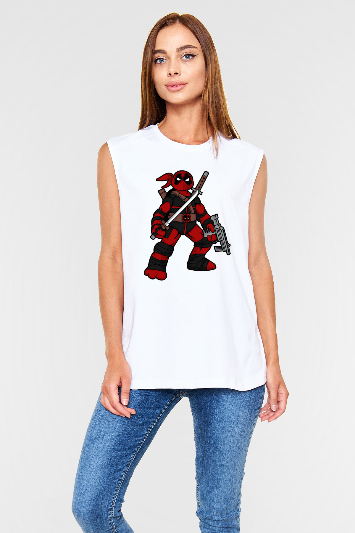 Ninja Deadpool Baskılı Beyaz Unisex Kolsuz Tişört