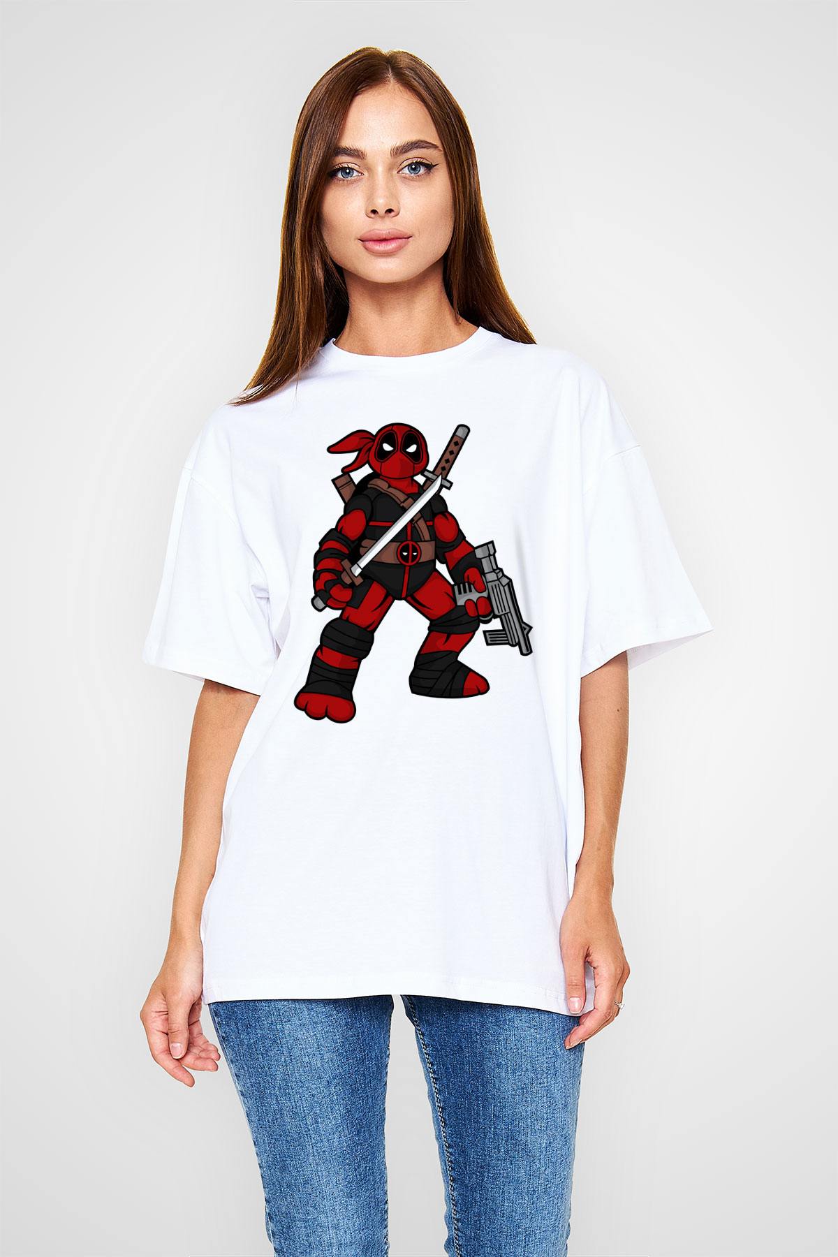 Ninja Deadpool Baskılı Beyaz Unisex Oversize Tişört